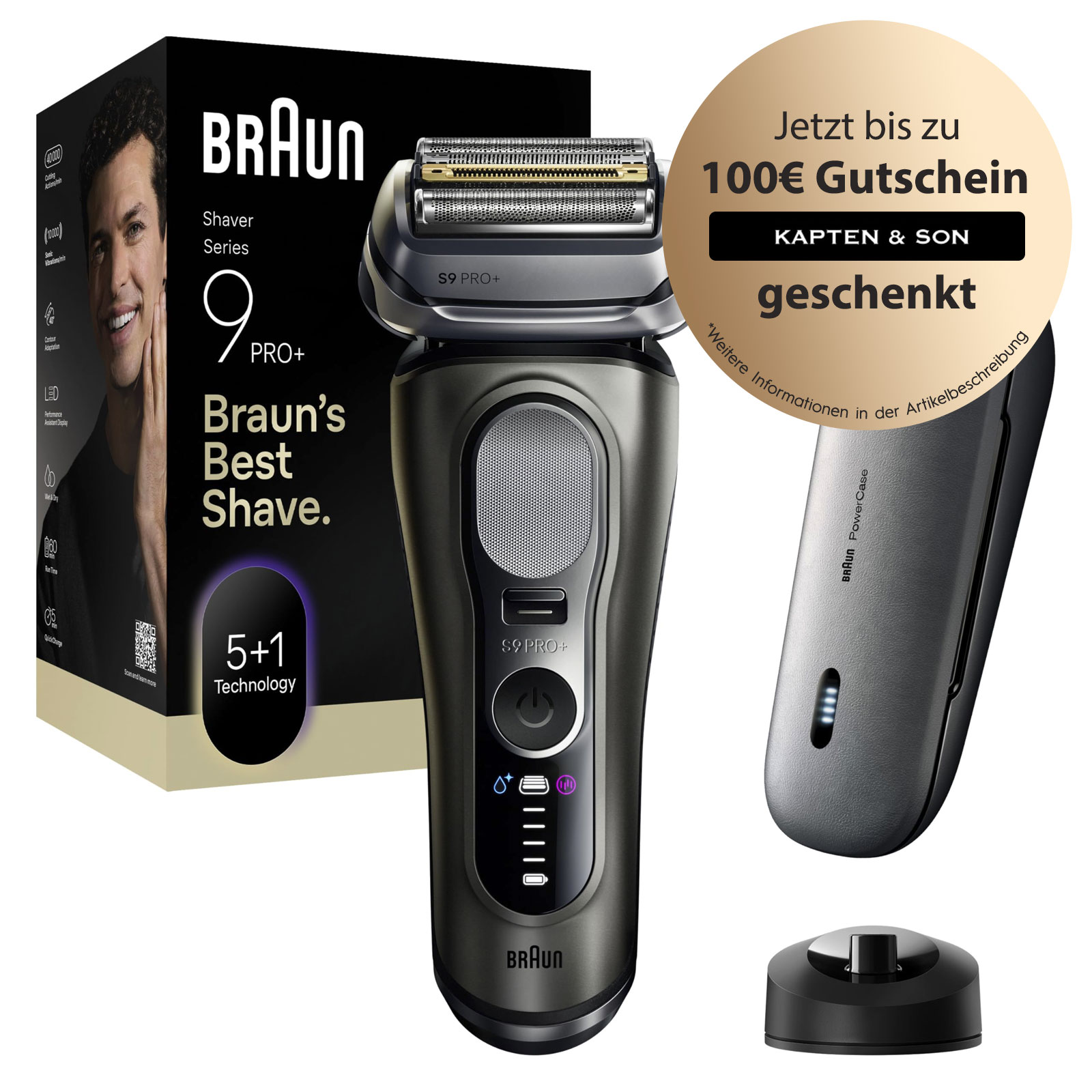 BRAUN Series 9 PRO+ Elektrorasierer, Pro-SensoAdapt, Ladeetui, 9625s Herrenrasierer (Akkubetrieb, 5+1 Scherkopf-Technologie, Direct&Cut Klinge, ProTrimmer, hautschonende OptiFoil, SkinGuard, titanbeschichtete ProLift-Klinge, Pro-SensoAdapt Technologie, 100 - Bild 1