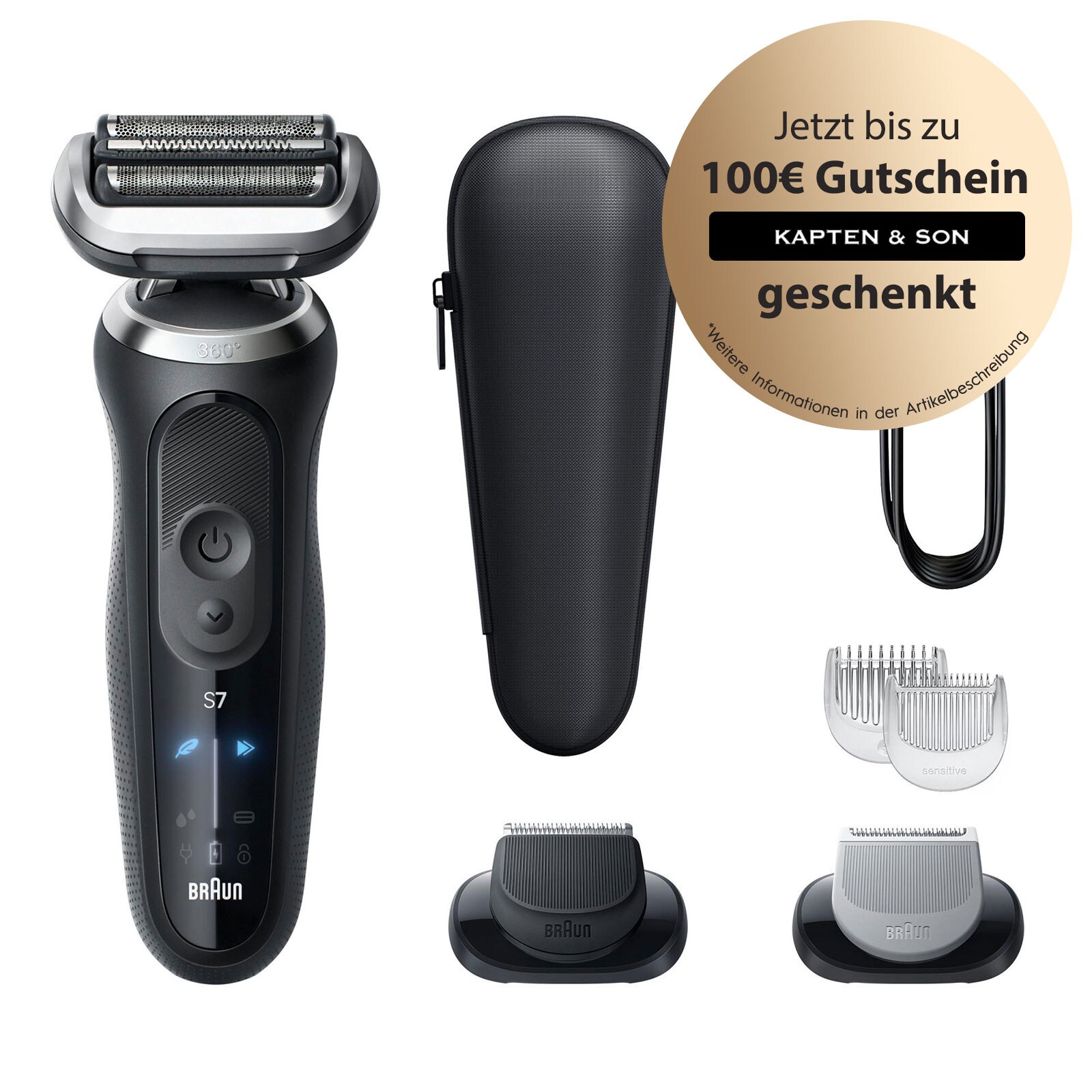 BRAUN Series 7 Elektrorasierer, +2 Aufsätze, 72-N1620s Herrenrasierer (Akkubetrieb, 360° SkinFlex Kopf, 3 Rasiermodi, kabellose Laufzeit bis