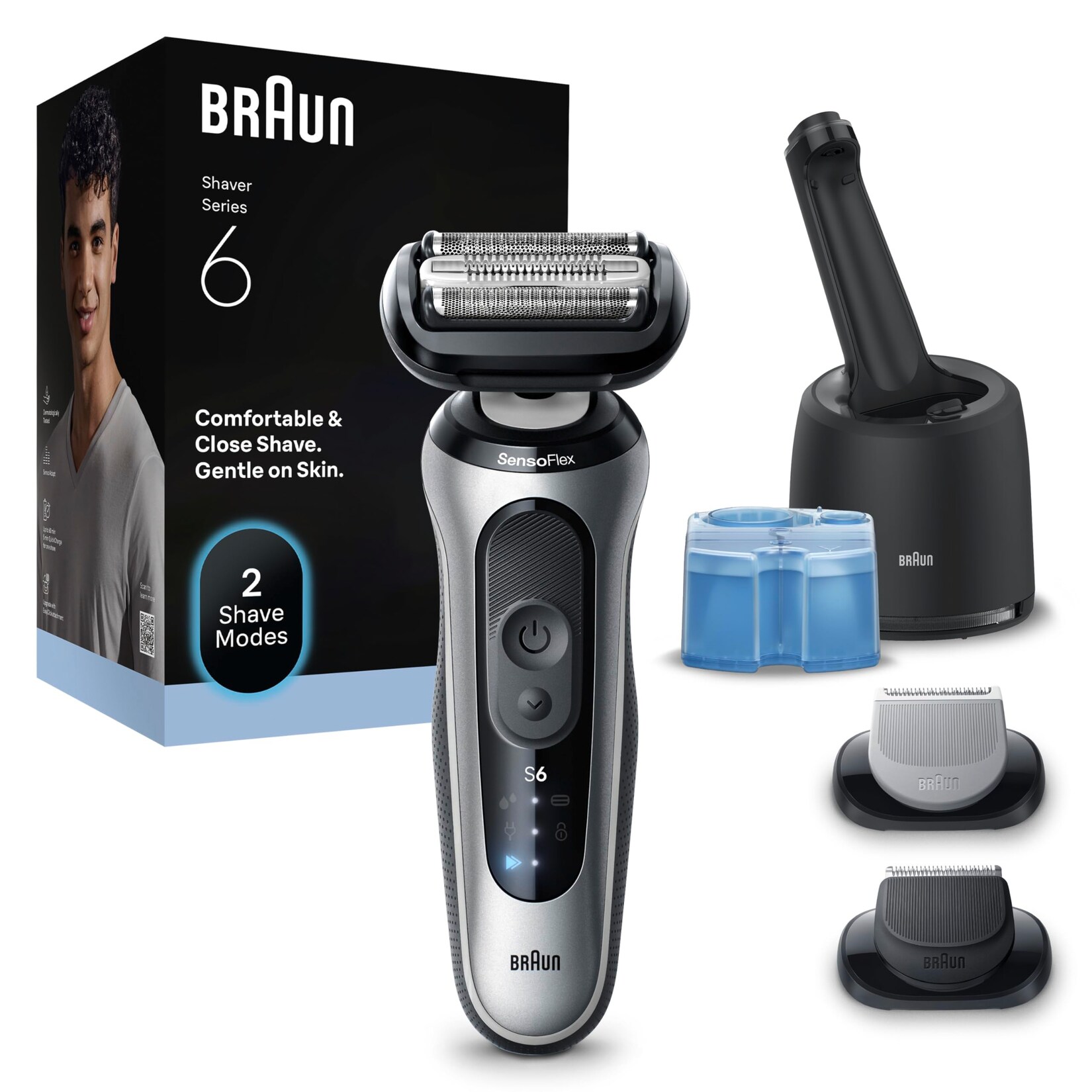 BRAUN Series 6 Elektrorasierer 62-S7650cc Herrenrasierer (Akkubetrieb, 2D-ContourAdapt Kopf, Turbo-Modus und sanfter Modus, kabellose Laufzeit bis zu 60 Min., 100% wasserdicht, hergestellt in Deutschland, Reiseetui, Ladegerät, Reinigungsbürste, 4in1 Smart
