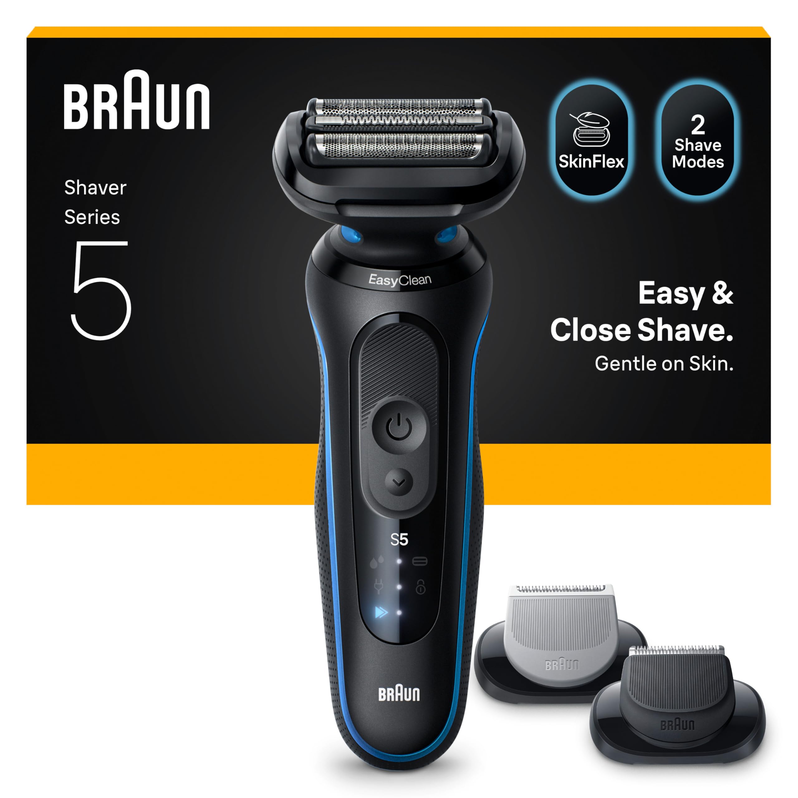 BRAUN Series 5 Elektrorasierer +2 Aufs&auml;tze, 52-B1650s Herrenrasierer (Akkubetrieb, 3 flexible Klingen, 2 Rasiermodi (Turbo-Modus und Standard-Modus), kabellose Laufzeit bis zu 50 Min., 100% wasserdicht, hergestellt in Deutschland, Ladeger&auml;t, Reinigungsb&uuml;rs - Bild 1
