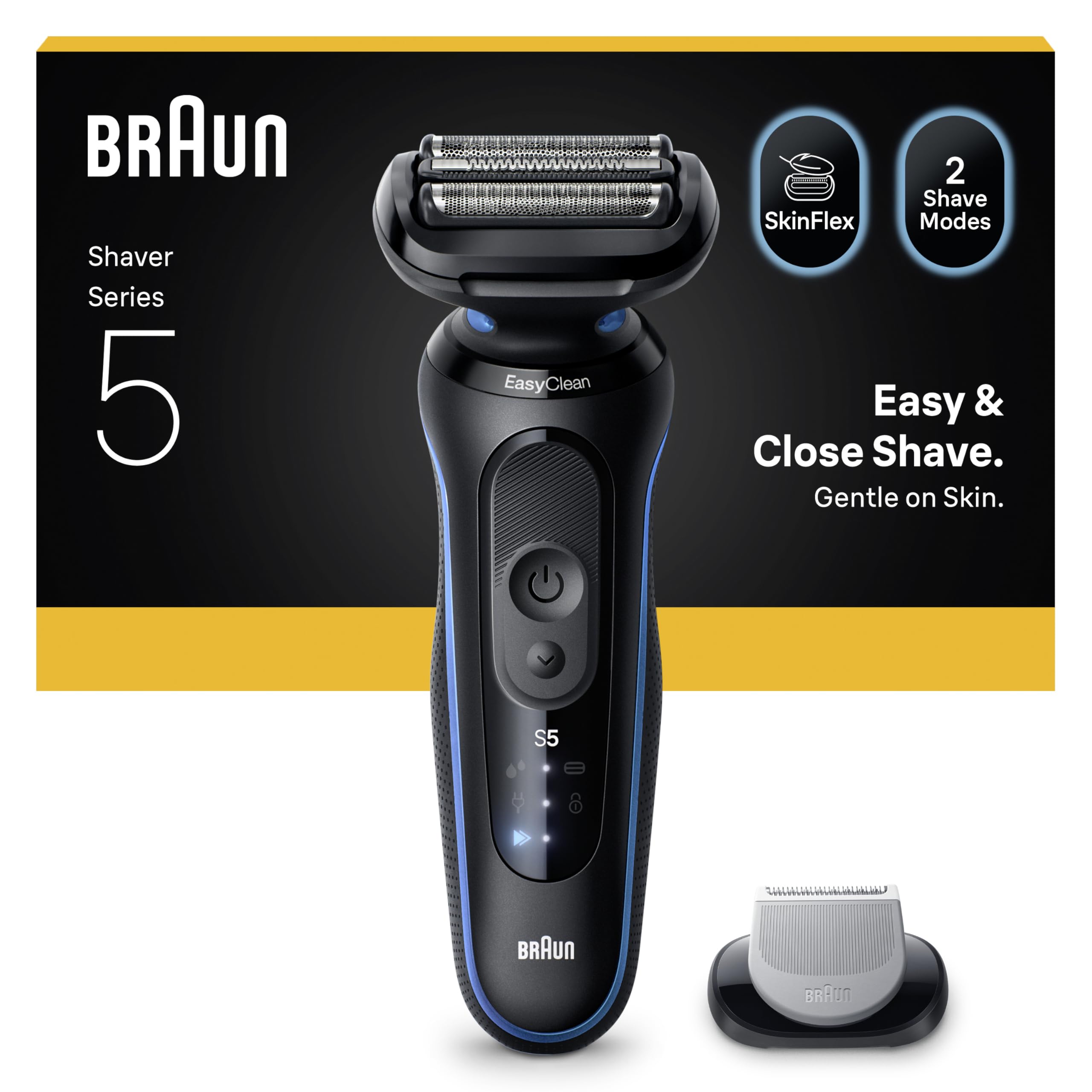 BRAUN Series 5 Elektrorasierer + 1 Aufsatz, 52-B1600s Herrenrasierer (Akkubetrieb, 3 flexible Klingen, 2 Rasiermodi (Turbo-Modus und Standard-Modus), kabellose Laufzeit bis zu 50 Min., 100% wasserdicht, hergestellt in Deutschland, Ladeger&auml;t, Reinigungsb&uuml;rs - Bild 1