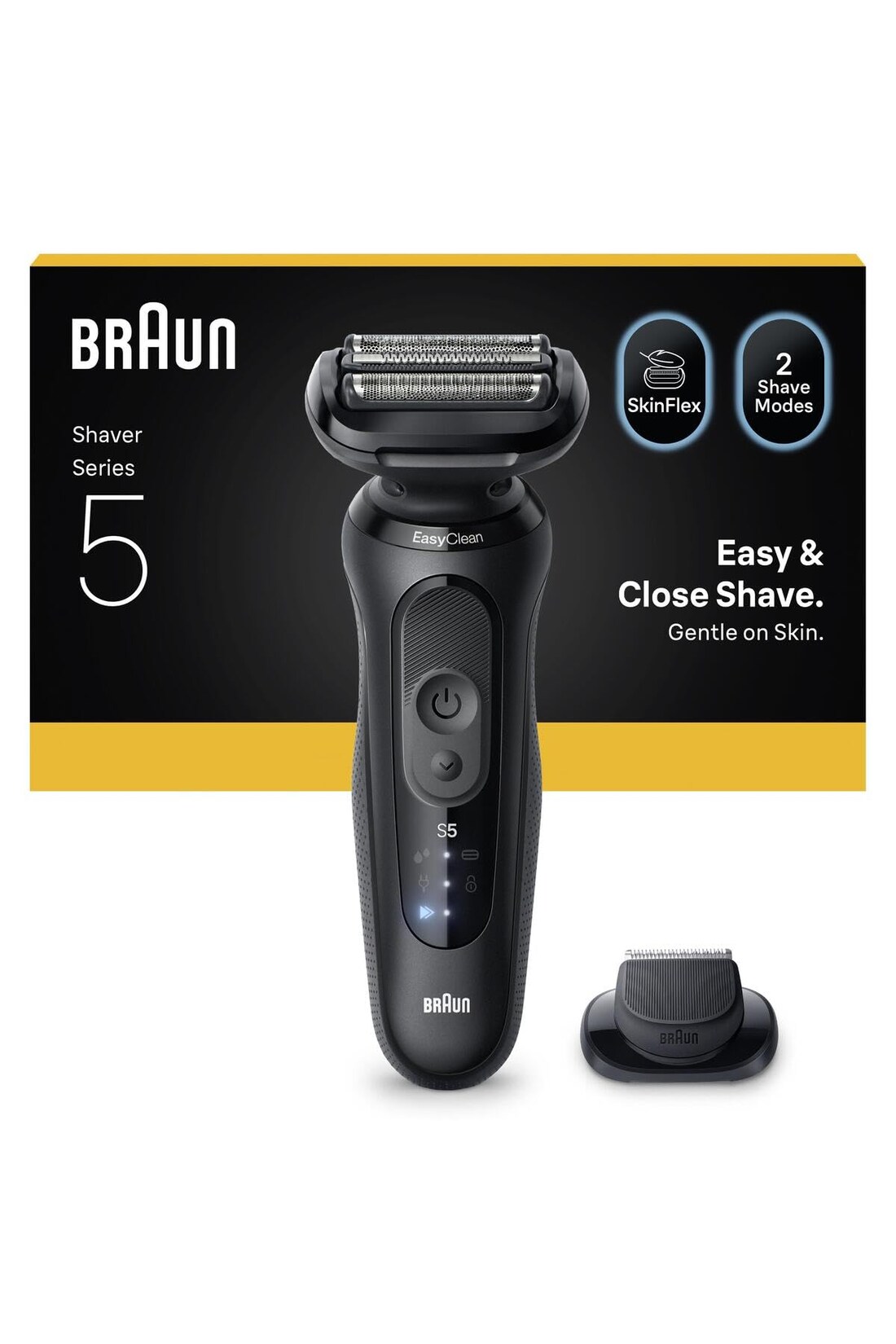 BRAUN Series 5 Elektrorasierer +1 Aufsatz, 52-N1200s Herrenrasierer (Akkubetrieb, 3 flexible Klingen, 2 Rasiermodi (Turbo-Modus und Standard-Modus), kabellose Laufzeit bis zu 50 Min., 100% wasserdicht, hergestellt in Deutschland, Ladegerät, Reinigungsbürst