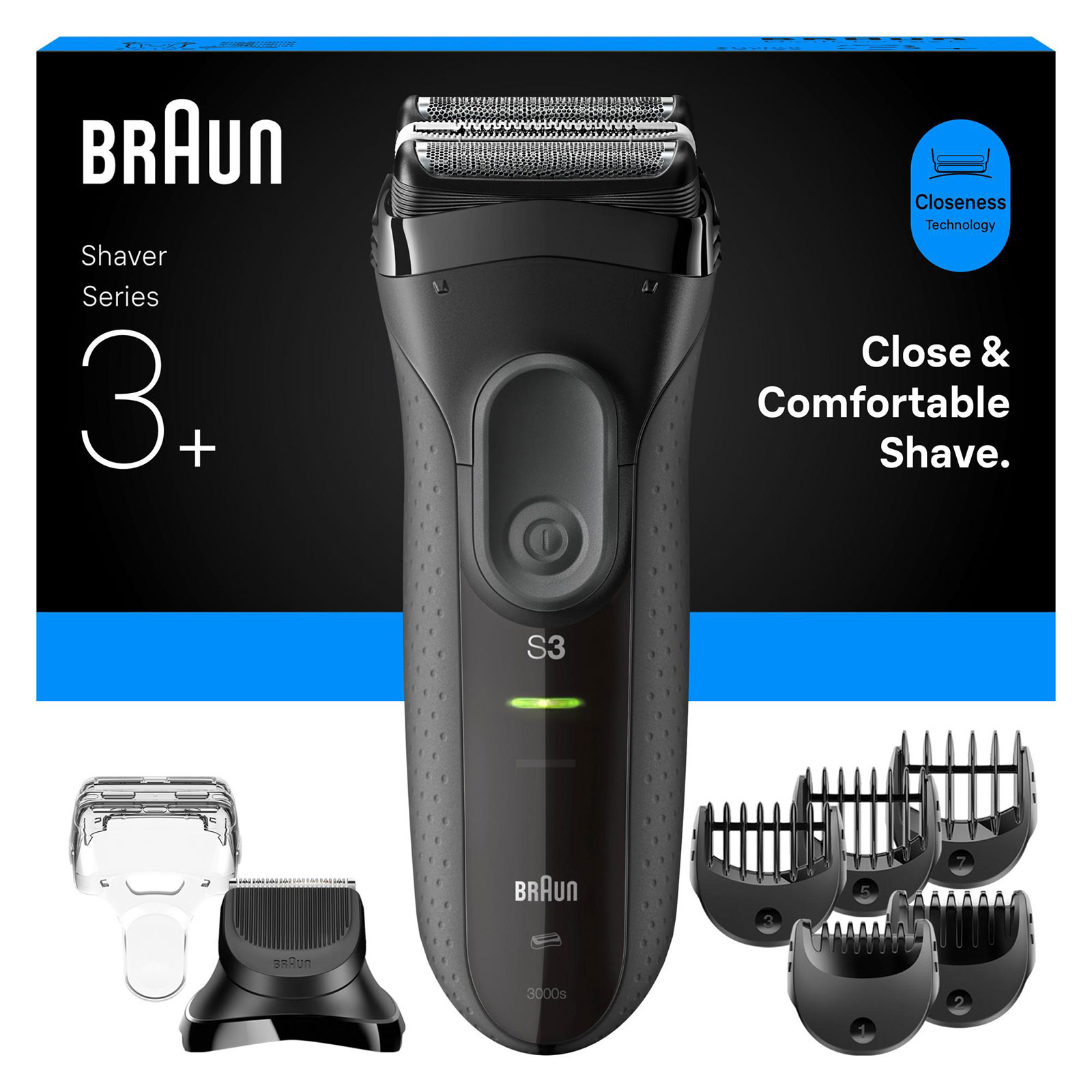 BRAUN Series 3+ Elektrorasierer, Barttrimmer-Aufsatz 3000BT Herrenrasierer (Akkubetrieb, 2 Scherfolienelementen und MicroComb Mitteltrimmer, Barttrimmer Aufsatz, 5 Kammaufs&auml;tze, wasserdicht, hergestellt in Deutschland, Schutzkappe, Ladeger&auml;t, Reinigungsb&uuml;r - Bild 1