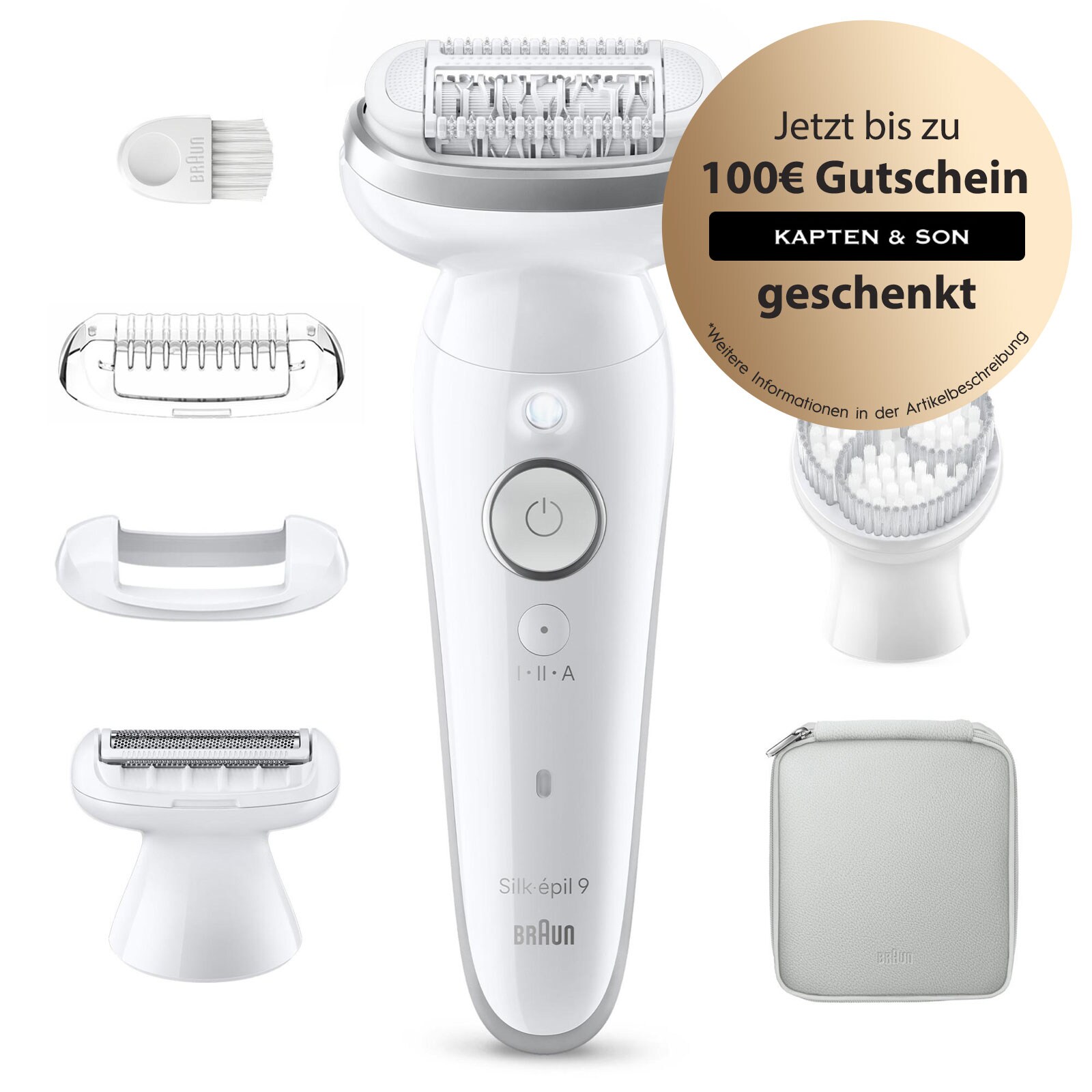 BRAUN Silk·épil 9, Wet & Dry, Langanhaltend glatte Haut, 9-061 Epilierer ( Epilierer mit 40 MicroGrip-Pinzetten, Wet & Dry, Massagerollenaufsatz, breiter schwenkbarer Kopf, inkl. Rasieraufsatz, Trimmeraufsatz, Peelingbürste mit Schutzkappe, Hautkontak
