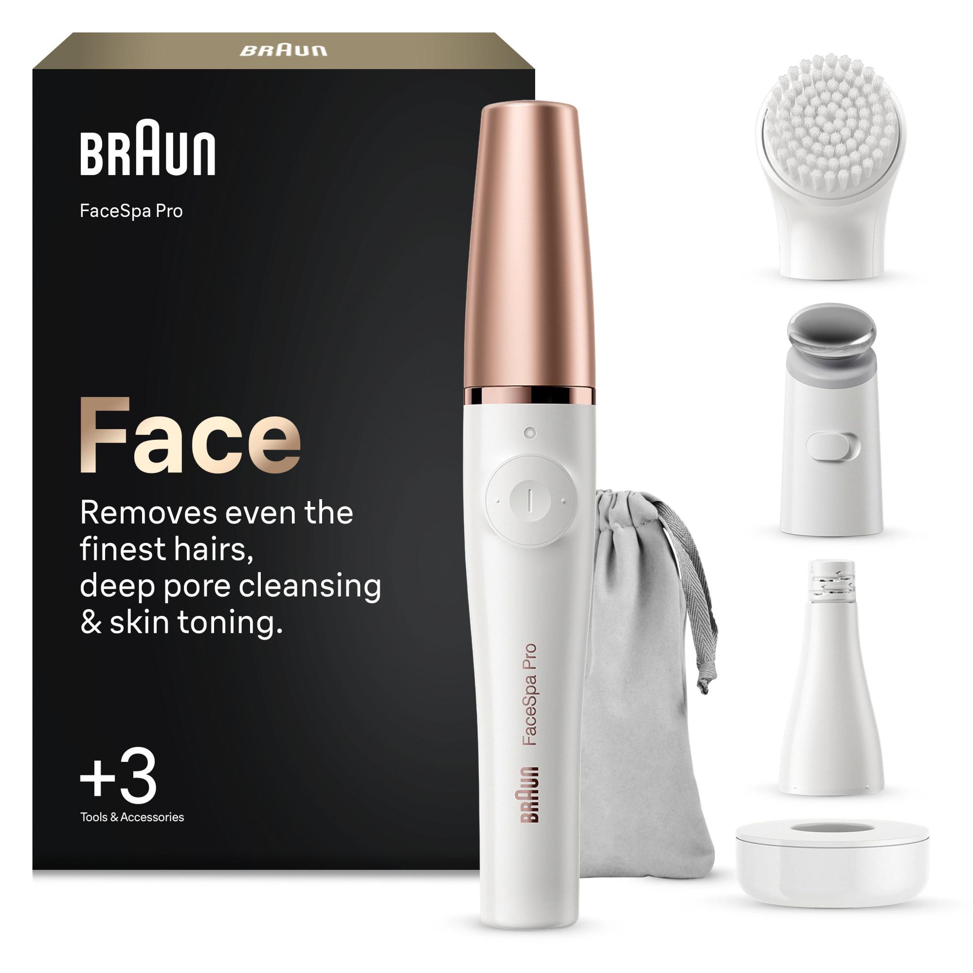 BRAUN FaceSpa Pro Gesichtsepilierer, + 3 Extras, SE 911 (3-IN-1: das weltweit erste All-in-One Ger&auml;t f&uuml;r Gesichtsepilation, Reinigung und Hautstraffung, kompaktes Design, wiederaufladbar, ideal f&uuml;r unterwegs, 100% wasserdicht, Lieferumfang: Gesichtsepilier - Bild 1