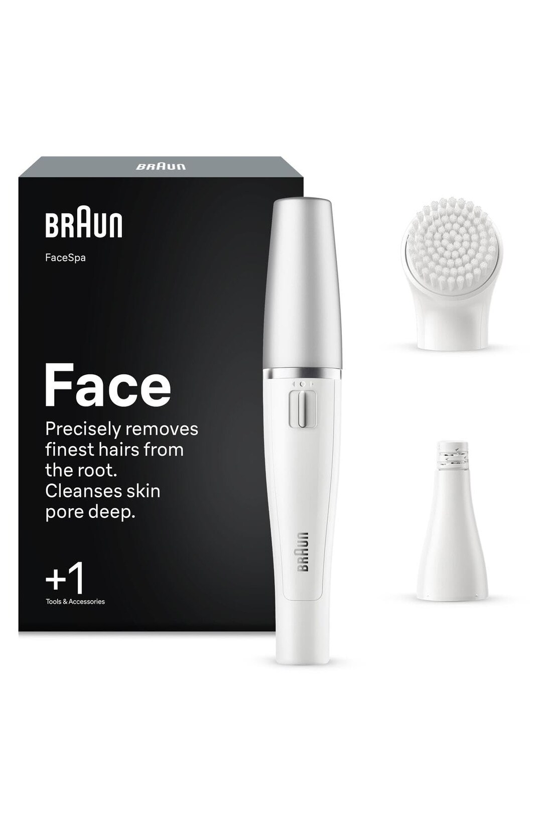 BRAUN FaceSpa Gesichtsepilierer + 1 Extra SE810 Weiß/Silber (2-IN-1: das weltweit erste All-in-One Gerät für Gesichtsepilation und Reinigung, kompaktes Design, Batteriebetrieb, ideal für unterwegs, 100% wasserdicht, Lieferumfang: Gesichtsepilierer, Gesicht
