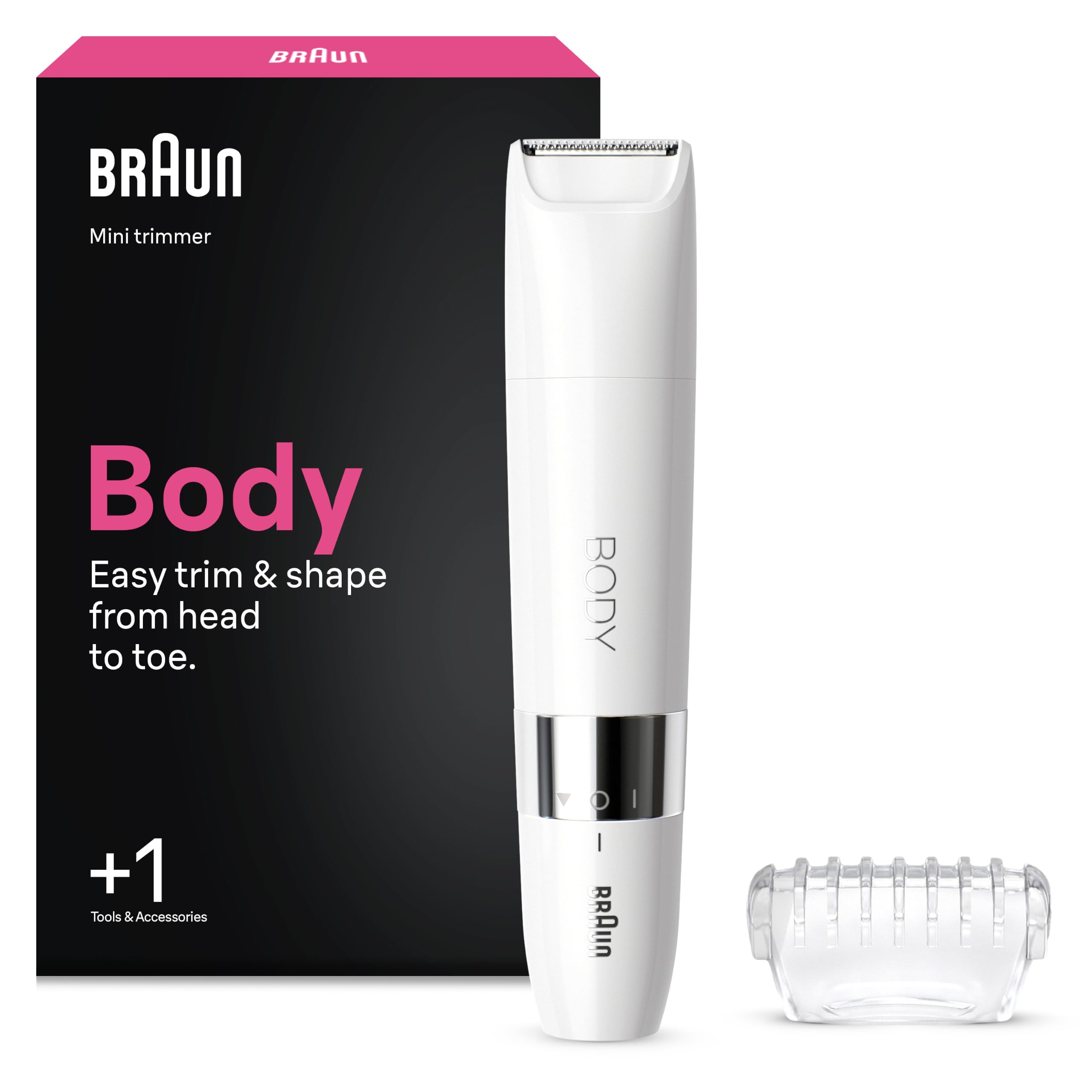 BRAUN Braun Mini-K&ouml;rpertrimmer, BS1000, Wei&szlig; (Entwickelt f&uuml;r effizientes und sanftes K&ouml;rperhaartrimmen, kompaktes Design, ideal f&uuml;r unterwegs, nass &; trocken, Rasieren, Trimmen und Stylen, Lieferumfang: Braun Mini Trimmer, 4 mm Trimmkammaufsatz, AA-Batter - Bild 1
