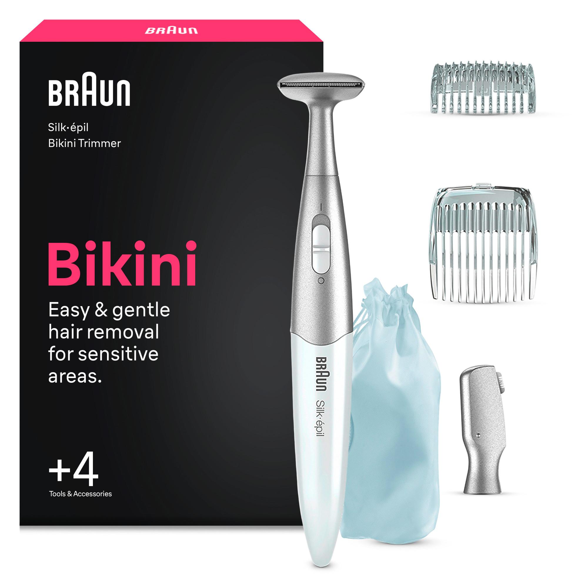 BRAUN Silk&middot;&eacute;pil Bikini Trimmer + 4 Extras, FG1100 (Pr&auml;zises Trimmen und Stylen der Bikinizone, auch als Augenbrauentrimmer einsetzbar, abgerundete Trimmerspitzen, 4 Extras: Bikini-Styling-Aufsatz, Pr&auml;zisionsaufsatz, 5 mm &; 8 mm Kammaufs&auml;tze, Schutzkappe, - Bild 1