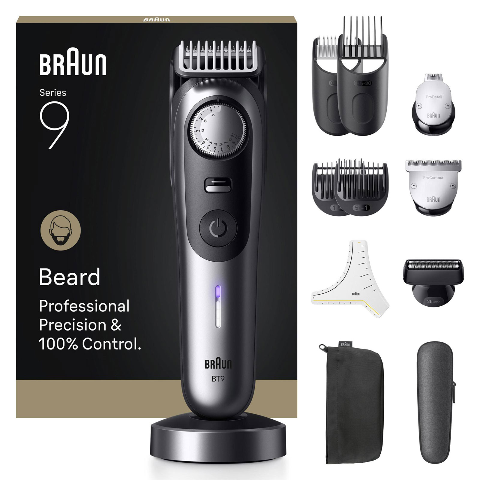BRAUN Series 9, mit 12 Barber Tools, 52 L&auml;ngen, ProBlade, BT9560 Barttrimmer (Akkubetrieb, Premium-Barber-Tools, PowerBoost Extra-Modus, AutoSense-Technologie, lebenslang ultra scharfe ProBlade, PrecisionShave Kopf, Pr&auml;zisionsrad mit Verriegelungsfunktion, - Bild 1