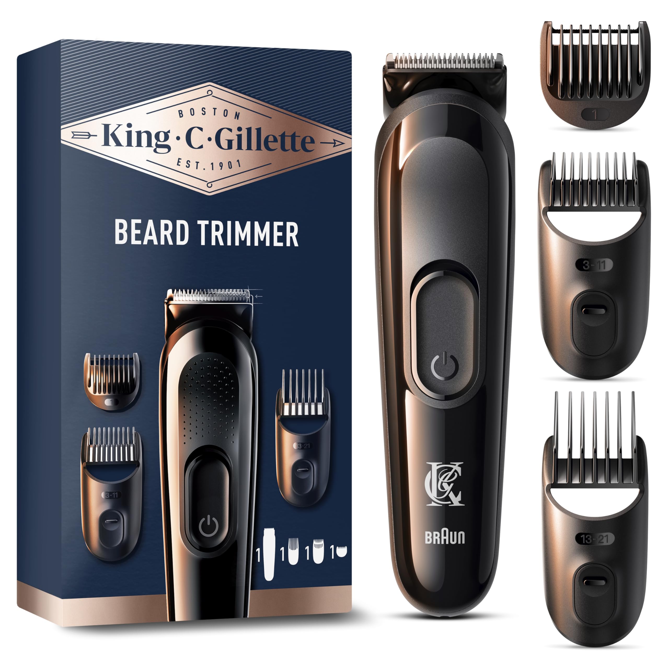 BRAUN King C Gillette Kabelloser Barttrimmer f&uuml;r Herren (3-in-1-Anwendung: Trimmen, Konturieren und Ausblenden, bis zu 50 Min. Akkulaufzeit, abwaschbarer Scherkopf und K&auml;mme, inkl. Kamm 1-5 mm, Kamm 5-1 mm, Pr&auml;zisionstrimmer, 3-11 mm Kamm, 1 mm Kamm, 2 mm - Bild 1
