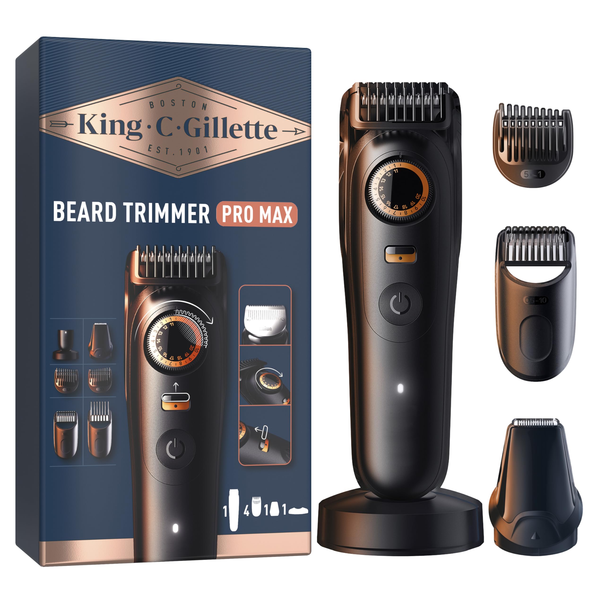 BRAUN King C Gillette Kabelloser Barttrimmer PRO MAX f&uuml;r M&auml;nner (Pr&auml;zisionstrimmer, 4-in-1 Anwendungen: Trimmen, Konturieren, Ausblenden und Detailarbeiten, bis zu 120 Min. Akkulaufzeit, Pr&auml;zisionsrad und Verriegelung, 40 L&auml;ngen in 0,5-mm-Schritten, enth&auml;l - Bild 1