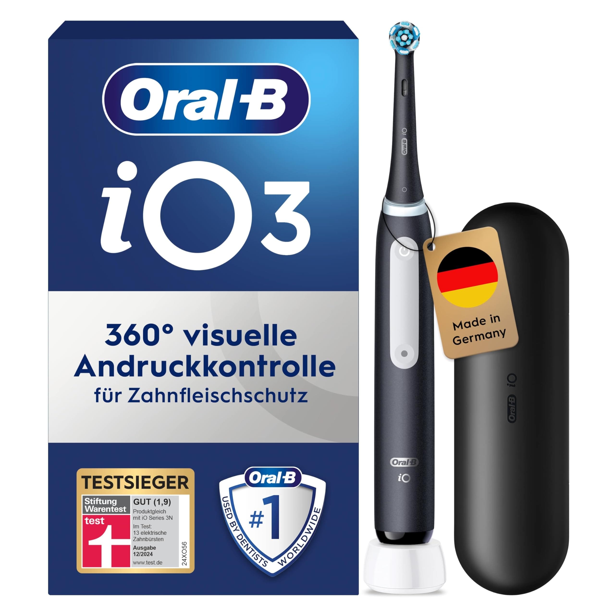 Oral-B iO Series 3 Zahnb&uuml;rste (Magnetische iO-Technologie mit sanften Mikrovibrationen, intelligente Andruckkontrolle, 3 Putzprogramme,  gelbes Licht signalisiert B&uuml;rstenkopfwechsel, Timer, Reiseetui, Matt Black) - Bild 1