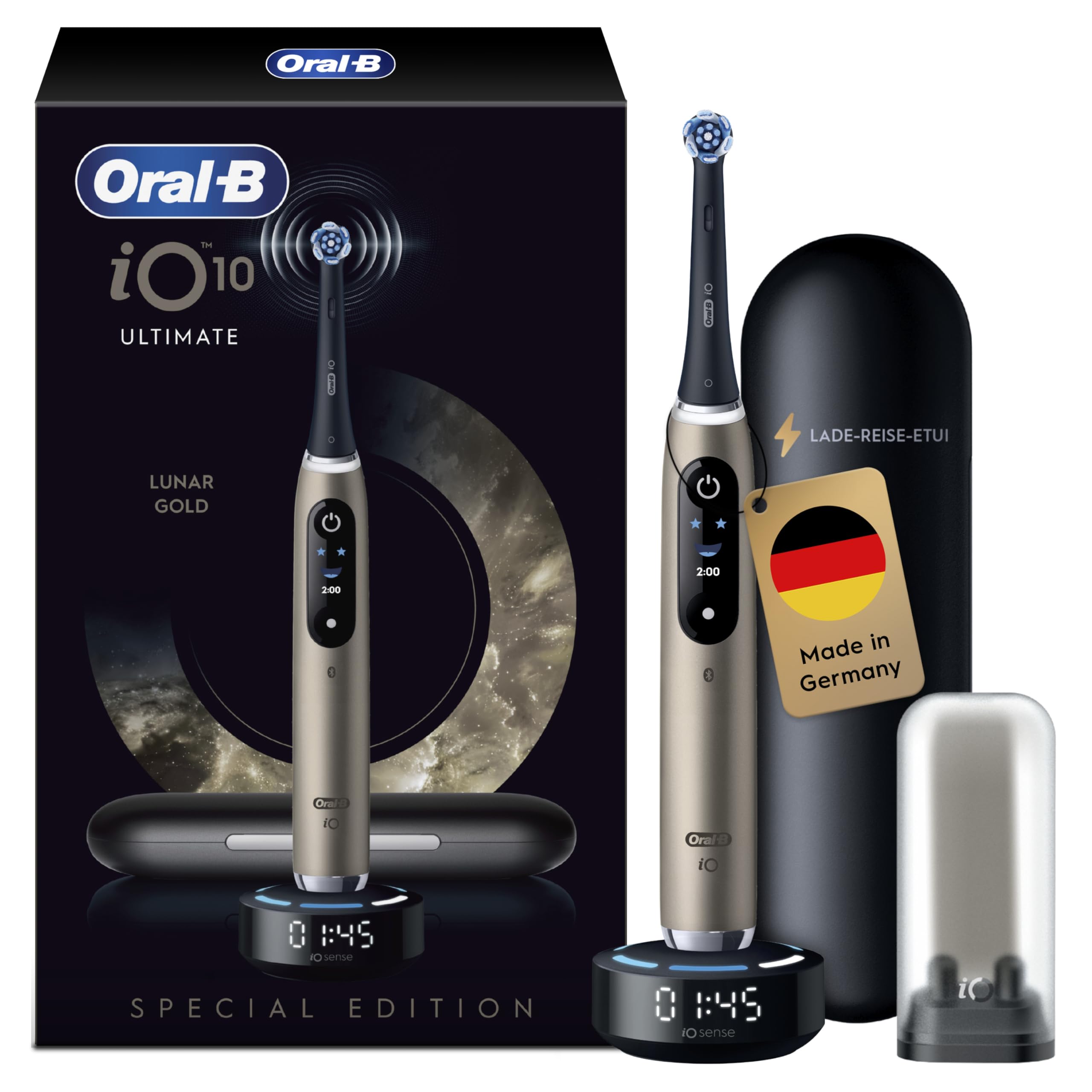 Oral-B iO 10 Lunar Gold Zahnb&uuml;rste (iO Sense, interaktives Smart Display, Echtzeit-Coaching, 7 Putzmodi, Andruckkontrolle, Timer, App-Verbindung m&ouml;glich, Lieferumfang: Elektrische Zahnb&uuml;rste inkl. 1 Aufsteckb&uuml;rste (Ultimative Reinigung), Lade-Reise-Etui, A - Bild 1