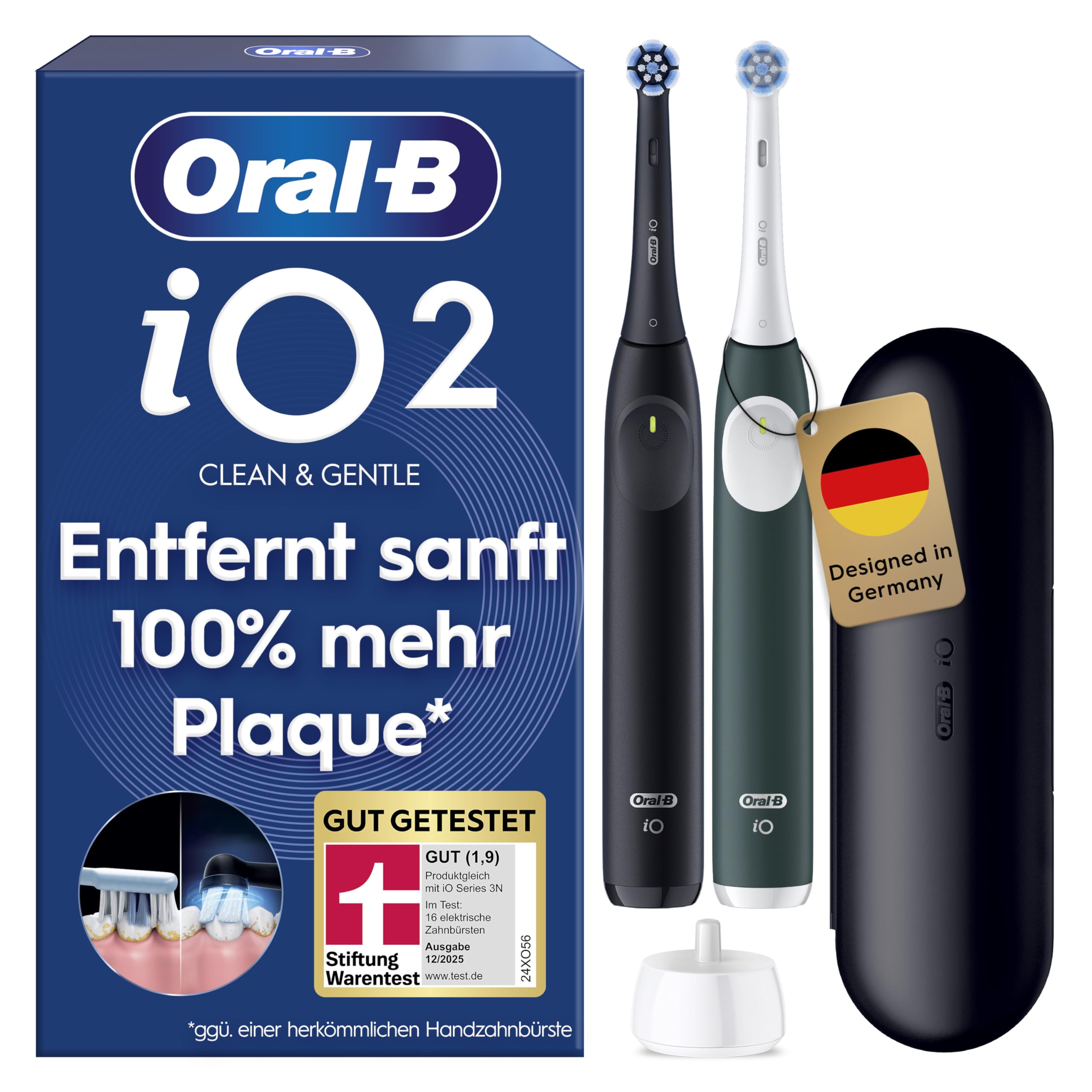 Oral-B iO 2 Doppelpack, 2 Aufsteckb&uuml;rsten Zahnb&uuml;rste (2 Oral-B elektrische iO Zahnb&uuml;rsten (Night Black / Forest Green), einfache Ein-Knopf-Bedienung, inkl 2 Aufsteckb&uuml;rsten (2x Sanfte Reinigung), Reise-Etui, Ladestation) - Bild 1