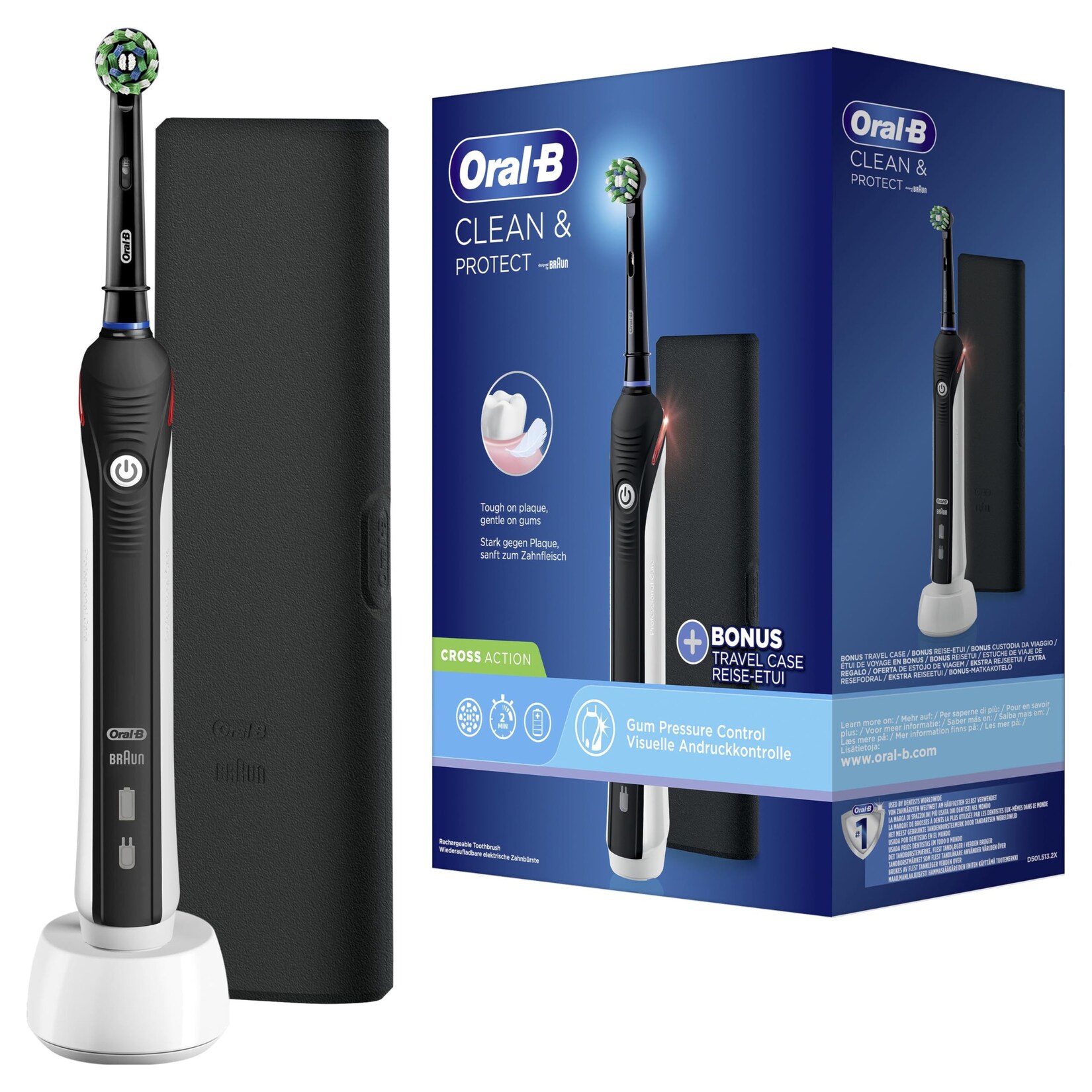 Oral-B Clean & Protect Zahnbürste (3D-Technologie, visuelle Andruckkontrolle, 2 Putzprogramme: Tägliche Reinigung und Sensitiv, bis zu 2 Wochen Akku-Laufzeit, integrierter 2-Minuten-Timer, Handstück mit Ladestation, 1 Aufsteckbürste, 1 Reise-Etui, made in