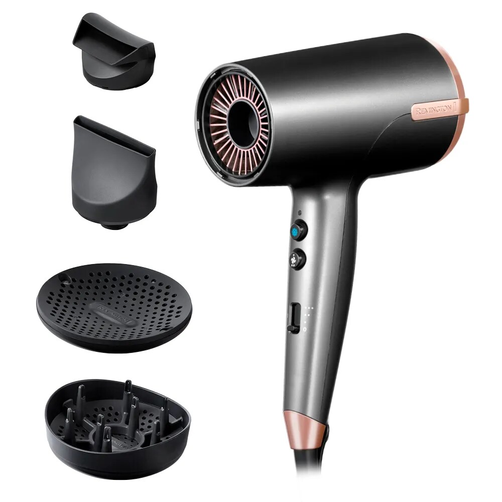 REMINGTON ONE Dry &; Style EC6077 Digital Haartrockner (Intelligente Thermacare-Technologie, 2-facher Ionengenerator, 8 Heiz- und Geschwindigkeitskombinationen, Kaltstufe, 4 Stylingaufsätze: Flyaway-Aufsatz, Diffusor, Diffusor zum Definieren von Locken, Ex