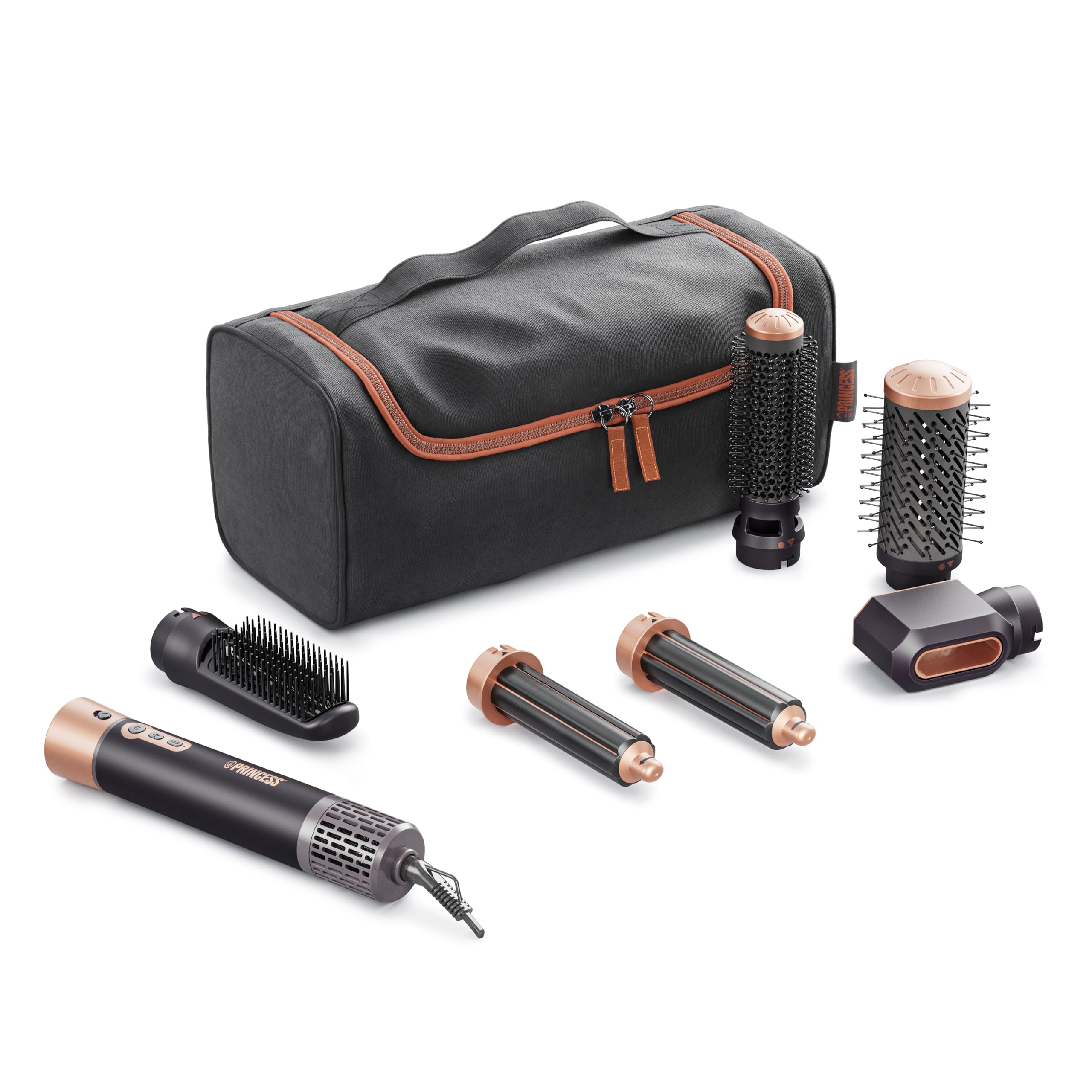 PRINCESS Airstyler Plus 6in1 01.529215.01.001 Haarstyler (1000 Watt, 3 Heiz- und 2 Geschwindigkeitseinstellungen, LED-Lichtanzeige, Ionisch, 360&deg; drehbares Netzkabel, inkl. 1 gro&szlig;e Rundb&uuml;rste, 1 Blasrohr, automatische Wickel-Lockenwickler, 1 Rundb&uuml;rste, 1 - Bild 1