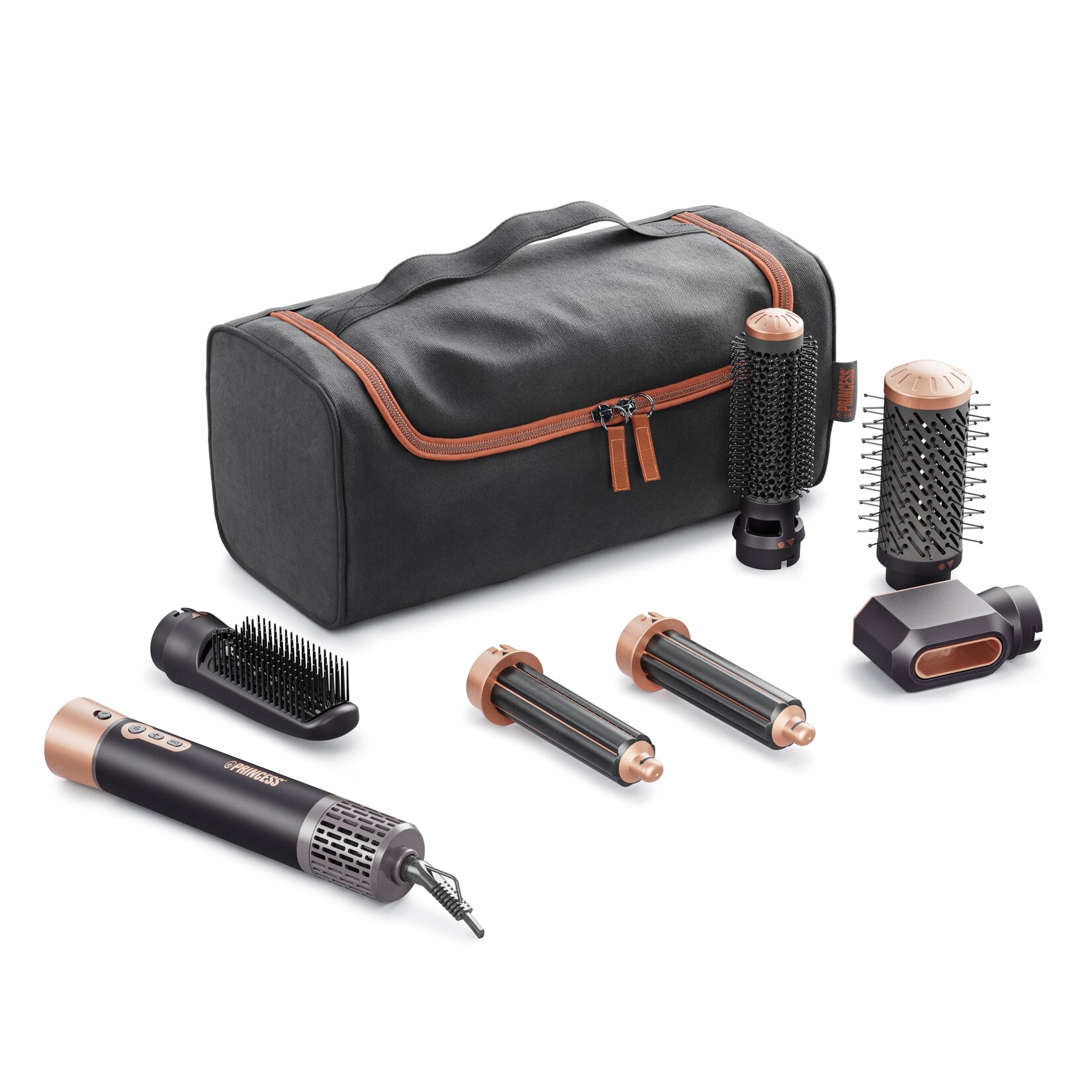 PRINCESS Airstyler Plus 6in1 01.529215.01.001 Haarstyler (1000 Watt, 3 Heiz- und 2 Geschwindigkeitseinstellungen, LED-Lichtanzeige, Ionisch, 360° drehbares Netzkabel, inkl. 1 große Rundbürste, 1 Blasrohr, automatische Wickel-Lockenwickler, 1 Rundbürste, 1