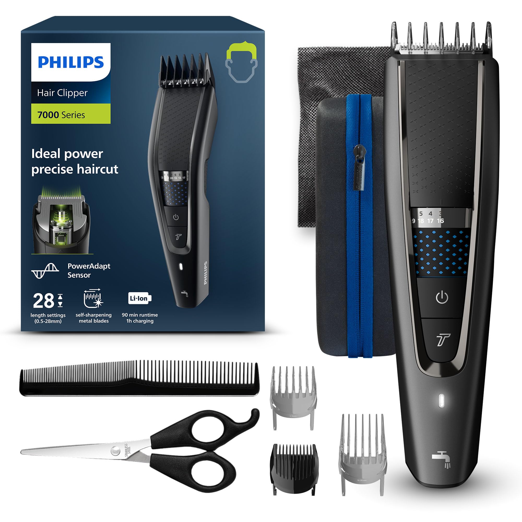 Philips Hairclipper Series 7000 PHI HC7650/15 Haarschneider (Netz-/Akkubetrieb, PowerAdapt Sensor, Trim-and-Flow-Technologie, kein &Ouml;len notwendig, 100 % abwaschbar, Philips DualCut System, Turbo-Modus, 41 mm Schnittbreite, selbstsch&auml;rfende Edelstahlklingen - Bild 1