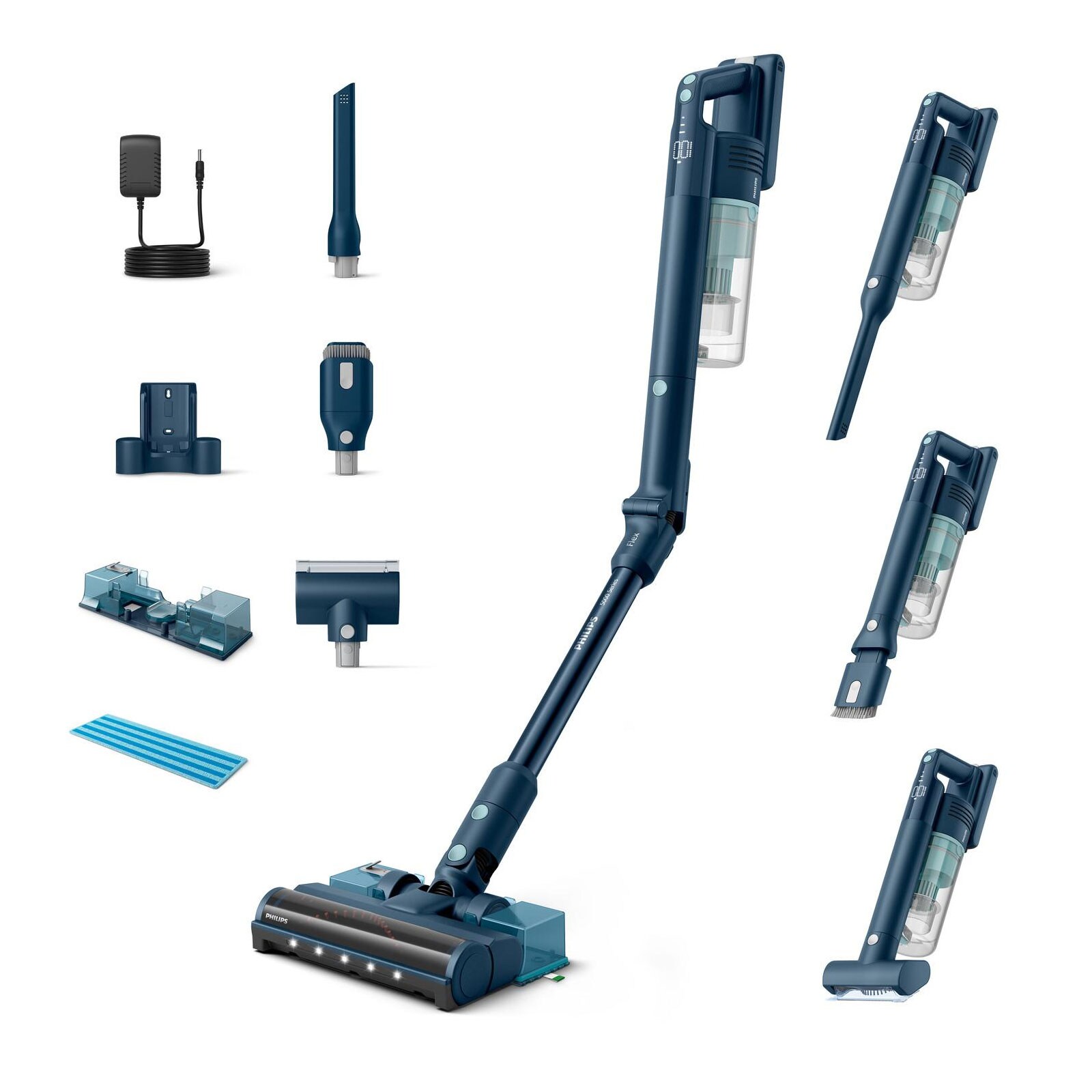 XC5244/10 Flex-it 5000 Series Akku Staubsauger (60 Minuten Laufzeit, LED-Düse, Hartböden & Teppich, Aquamodul, Fugendüse, 2-in-1 Kombinationsdüse, MiniTurbo Bürste   Salbeiblau)
