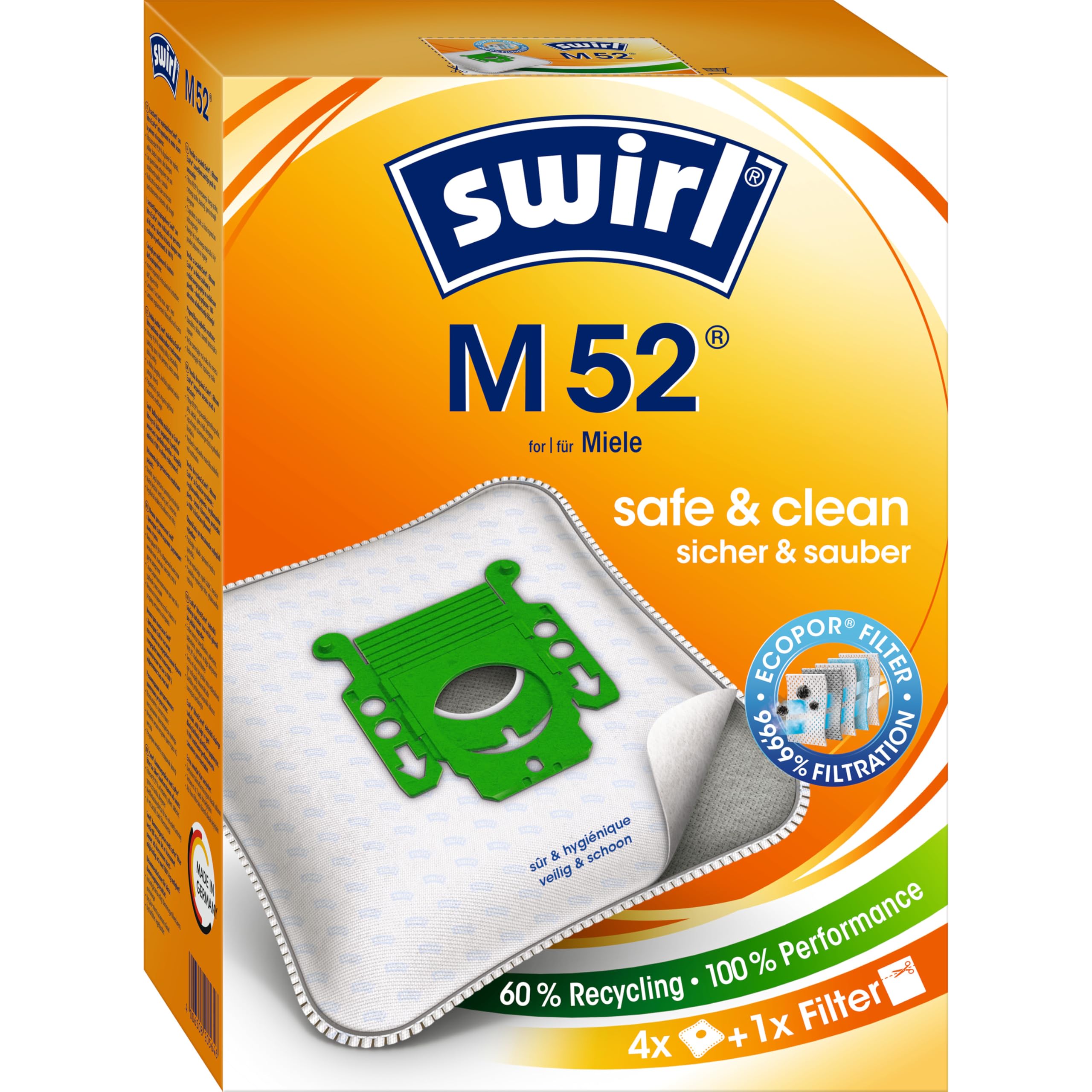 Swirl M 52 EcoPor Staubsaugerbeutel (kompatibel mit Miele S 140?168 (S1), S 190?198 (ab 2011), Swing H 1) - Bild 1