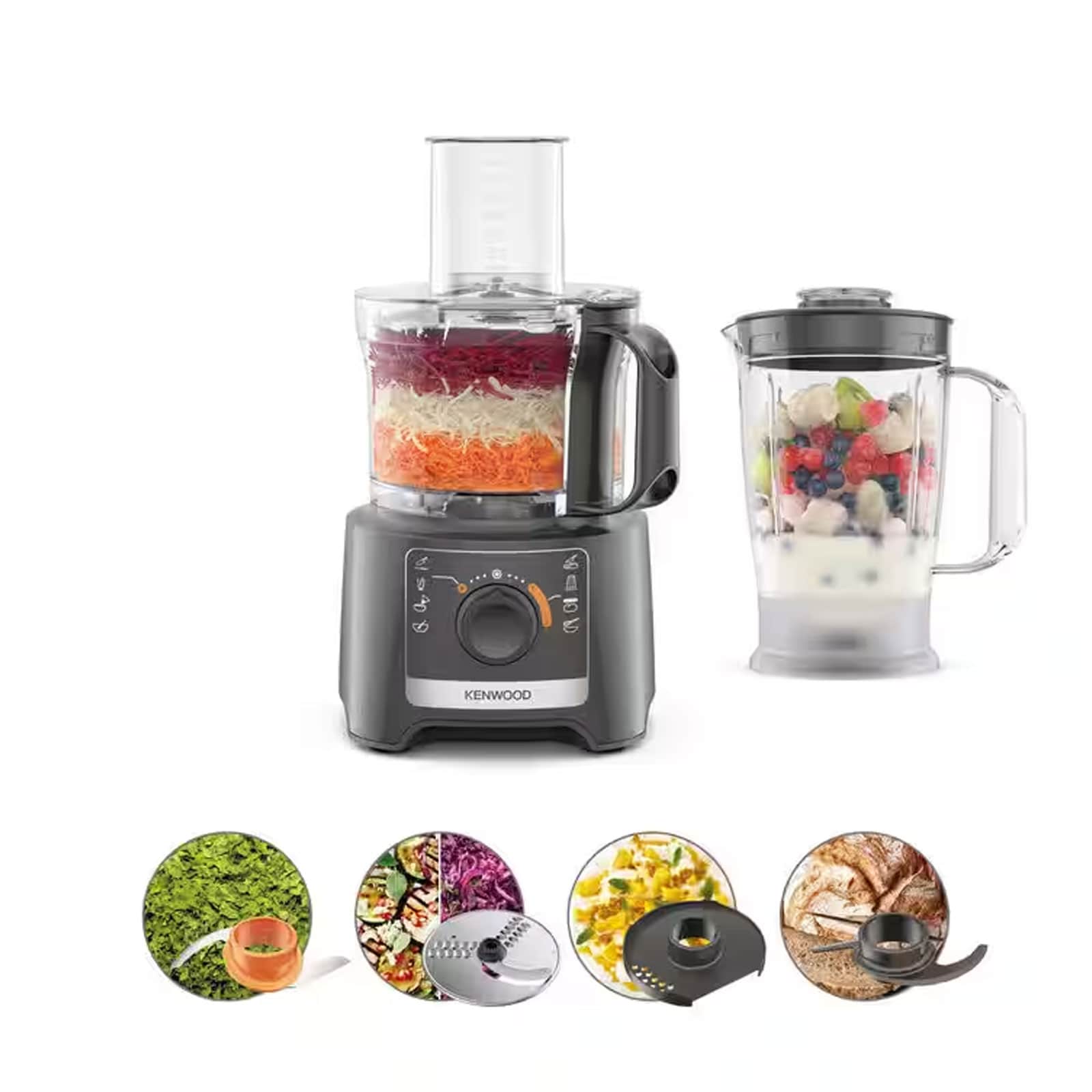 KENWOOD FDP31.360GY MultiPro Compact K&uuml;chenmaschine (800 Watt, 2 Geschwindigkeitsstufen, Impulsfunktion, 2,1 Liter Kompakte-K&uuml;chenmaschine, 1,2 Liter Standmixer, Teighaken, Messereinsatz, 2mm und 4mm Schneid-/Raspelscheibe, Zitruspresse, Emulgierscheibe, - Bild 1