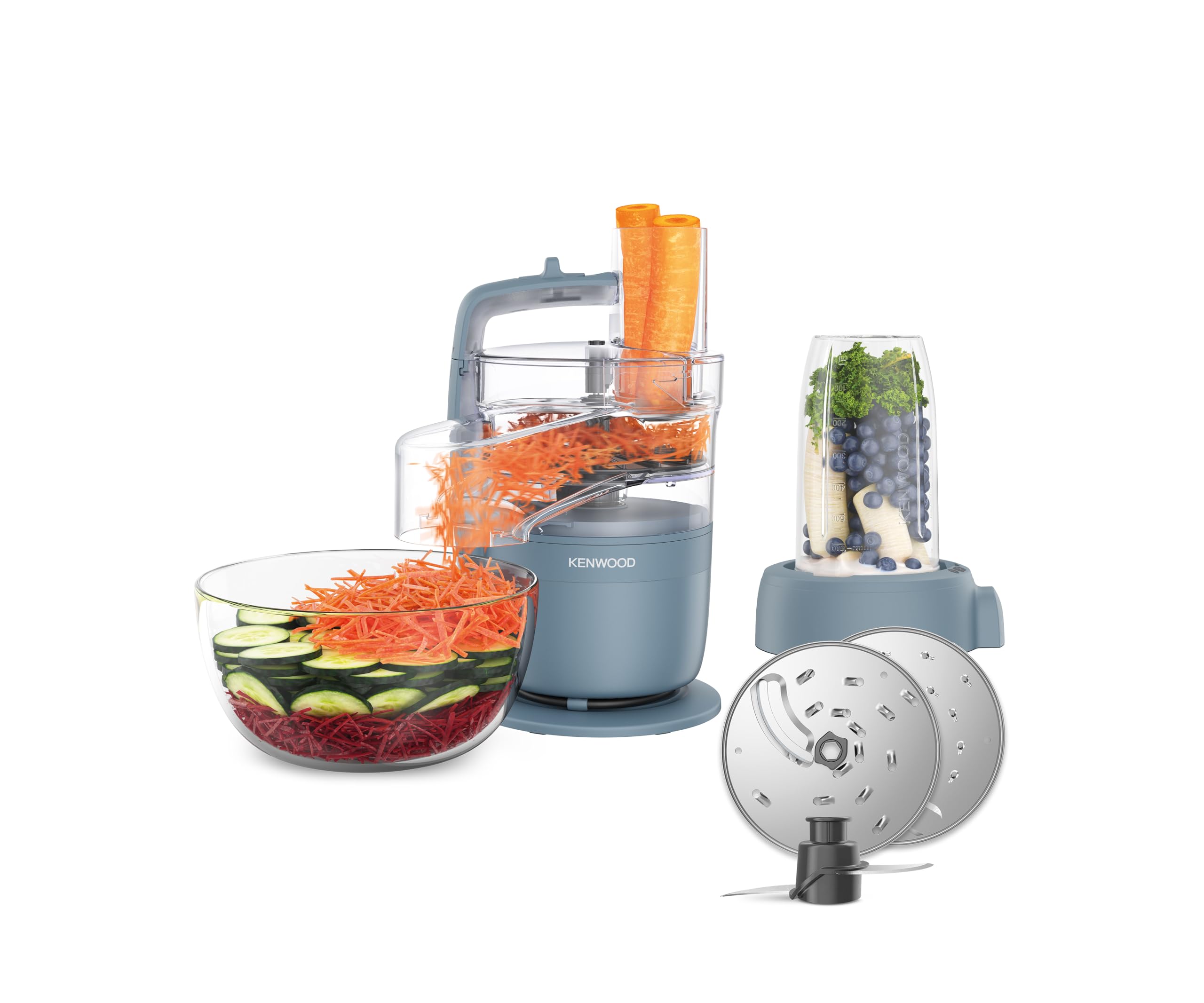 KENWOOD MultiPro Go Blend FDP23.380GY Kompakt-K&uuml;chenmaschine (Vielseitiger kompakter Food Prozessor, 360&deg; Express Serve&trade; Funktion, 1,3 l Arbeitsbeh&auml;lter (0,7 l Arbeitsmenge), 600ml Smoothie-Maker-Aufsatz mit Deckel, Edelstahlmesser (auch zur Teigherstellun - Bild 1