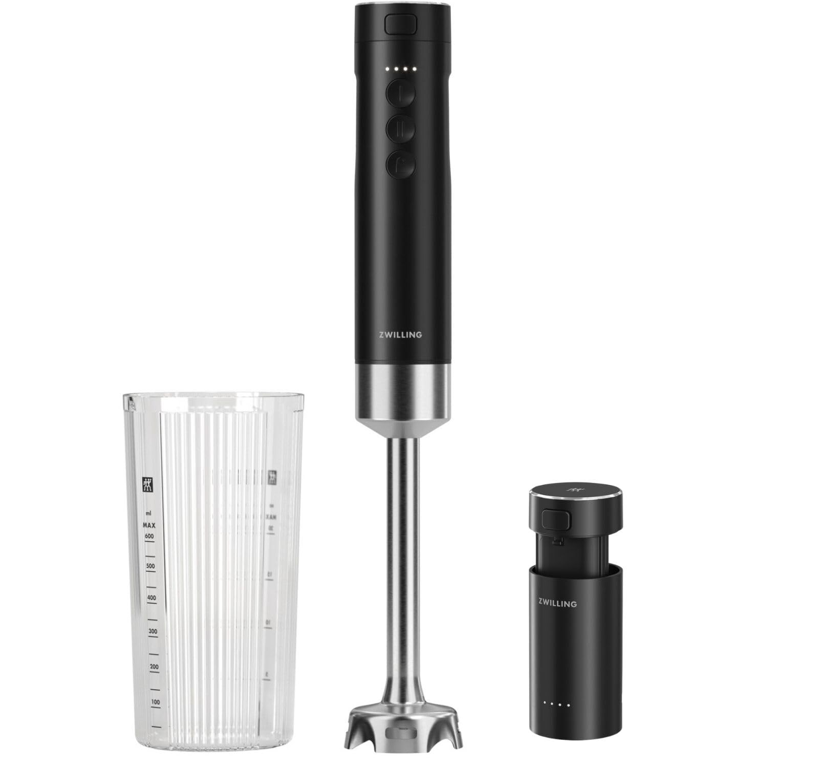 ZWILLING XTEND Stabmixer-Set (100 Watt, kabellos, batteriebetrieben, 3 Geschwindigkeitsstufen, Soft-Start-Funktion, Winglet-Klinge, 600-ml-Mixbecher aus Kunststoff, Ladestation mit Powerbank-Funktion, 12V Lithium-Ionen-Akku, USB-Ladekabel, Schwarz)