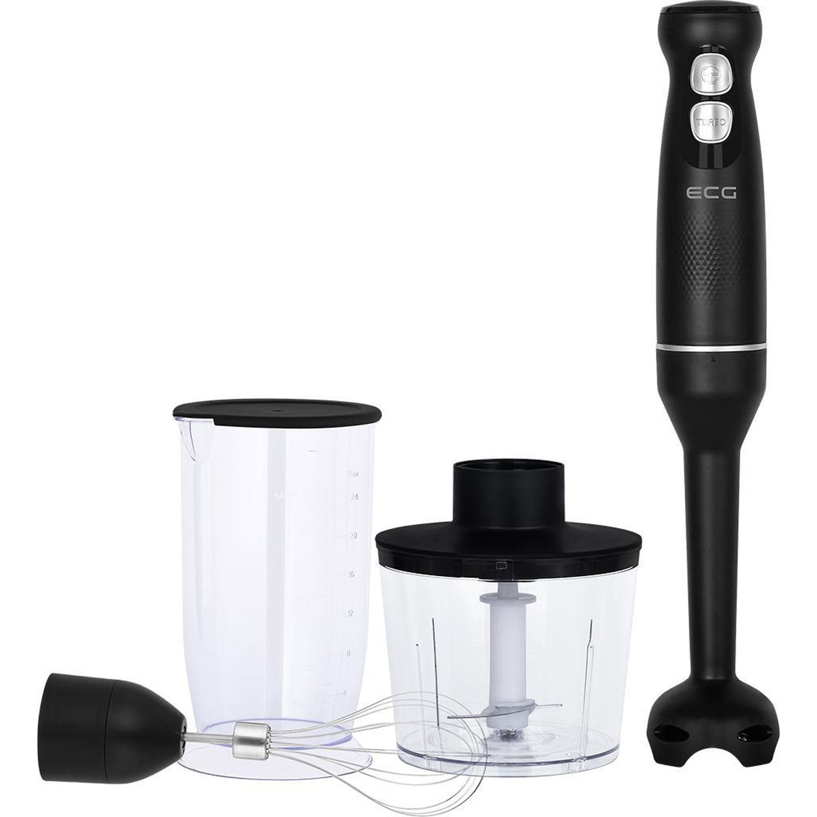 ECG RM 100 Max Black Stabmixer-Set (400 Watt, intuitive Steuerung, Turbo-Taste, Edelstahl Mixaufsatz, Edelstahlklingen, Mixbeh&auml;lter (600 ml) mit Messbecher und Deckel, Schneebesen, 500 ml Zerkleinerer, Schwarz) - Bild 1