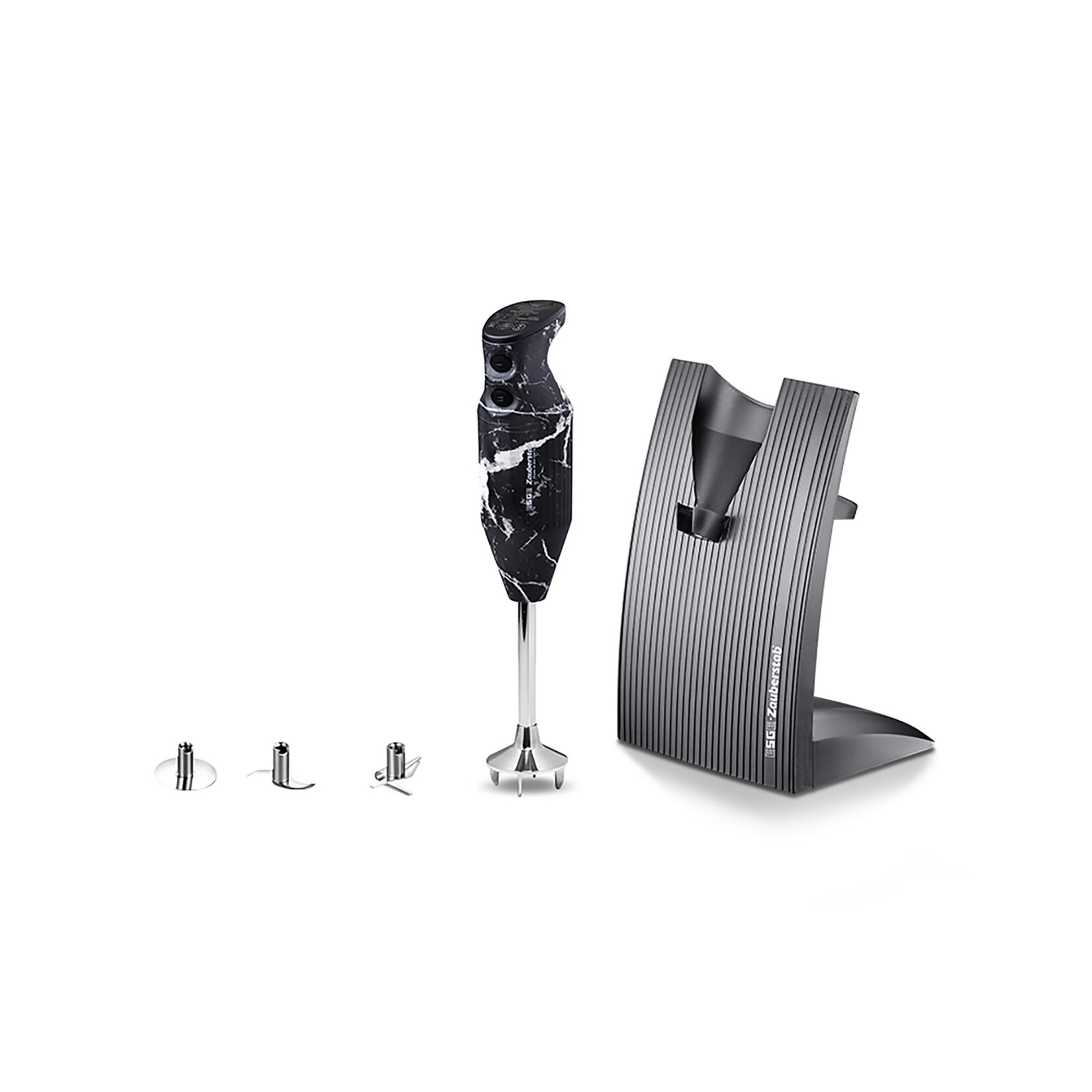 ESGE Zauberstab Design Edition Marmor-Schwarz 91012 Stabmixer (200 Watt, langlebiger, robuster AC-Motor, Made in Switzerland, 2 Stufen, 12.000/17.000 U/Min., Sicherheits-Twinschalter, Aufsteckzentrierung, Zubehör: Multimesser, Schlagscheibe, Fleisch- und G