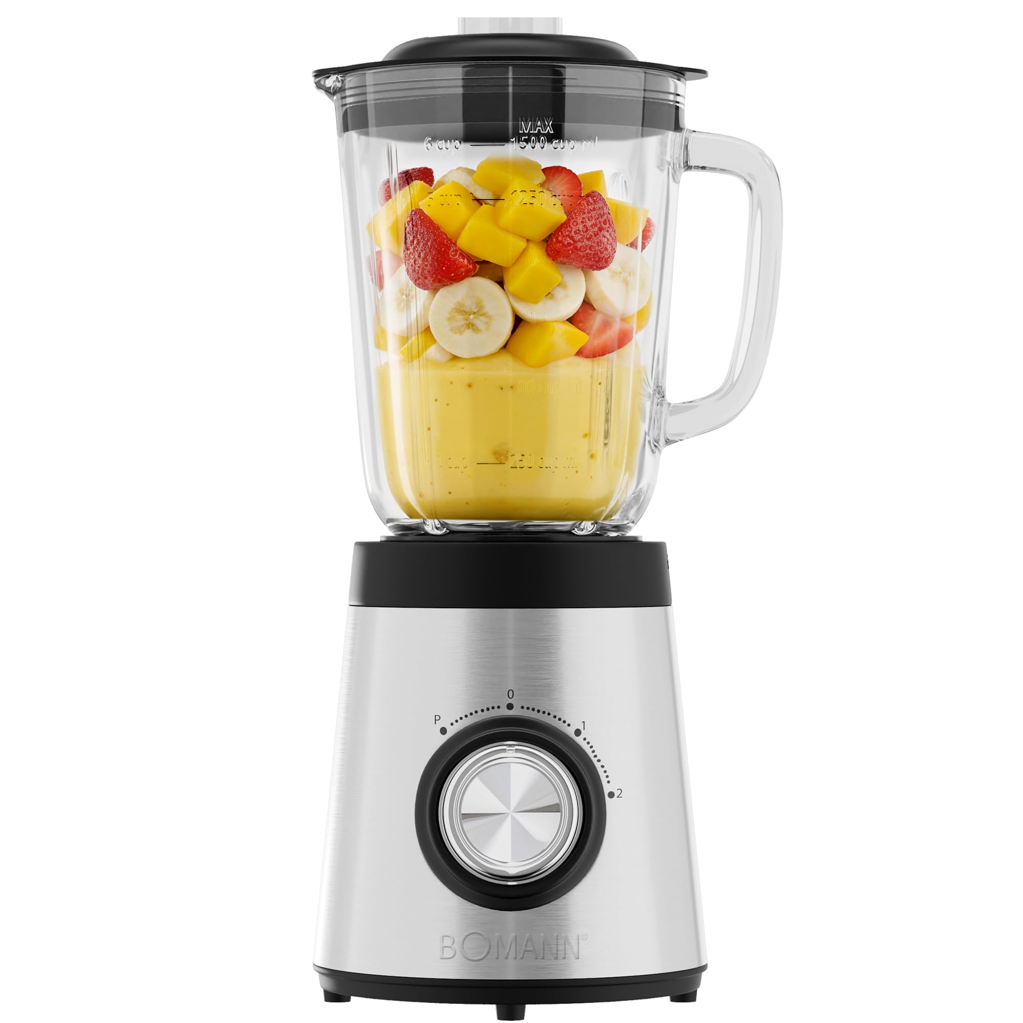 Bomann UM 6084 CB Standmixer (700 Watt, Universalmixer mit Edelstahlgeh&auml;use, 4 Geschwindigkeitsstufen (0/1/2 + Puls-/Turbofunktion), Glas-Mixbeh&auml;lter 1,5 l mit Skala, Nachf&uuml;ll&ouml;ffnung, 4-fach Edelstahl-Spezialmesser, Sicherheitsschaltung, gummierte F&uuml;&szlig;e, Ed - Bild 1