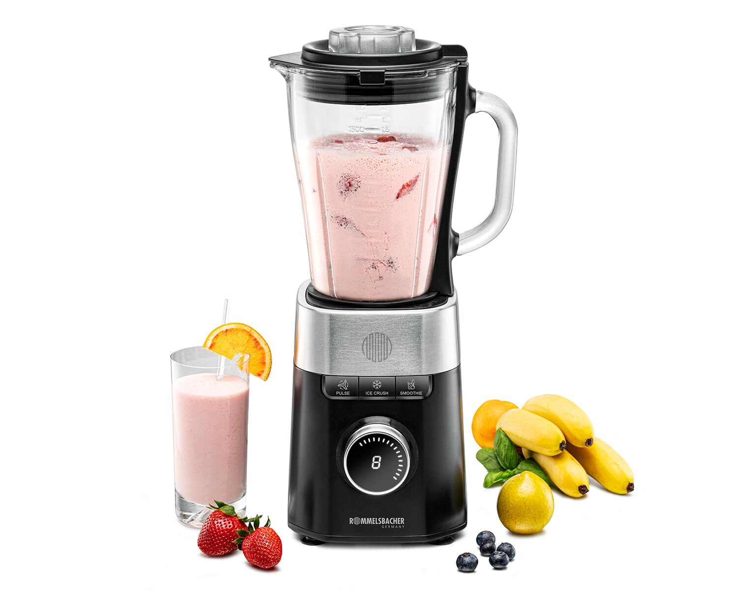ROMMELSBACHER MX 1260 Standmixer (1.200 Watt, 1,5 Liter Glaskrug, 8 Stufen und Pulse-Funktion, 2 Automatik Programme ?Ice Crush? &; ?Smoothie?, großer Bedienknebel und LED-Anzeige, 6-flügeliges Edelstahlmesser, Edelstahl/Schwarz/Glas)