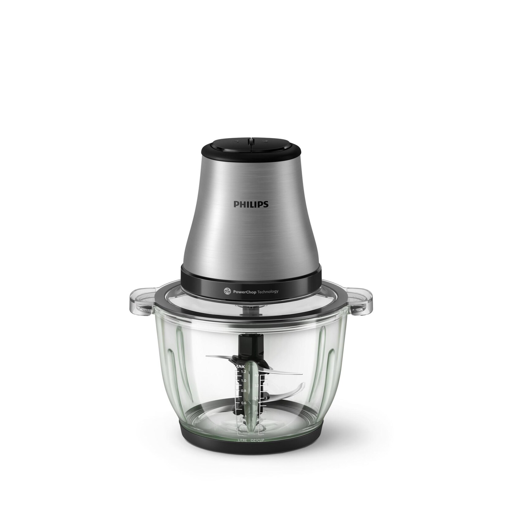 HR1503/00 3000 Series Zerkleinerer (500 Watt, 2 Liter Glasschüssel, 2 Geschwindigkeiten, PowerChop Technologie, 4 Edelstahlklingen, Anti-Rutsch-Füße, spülmaschinenfest, Edelstahl)