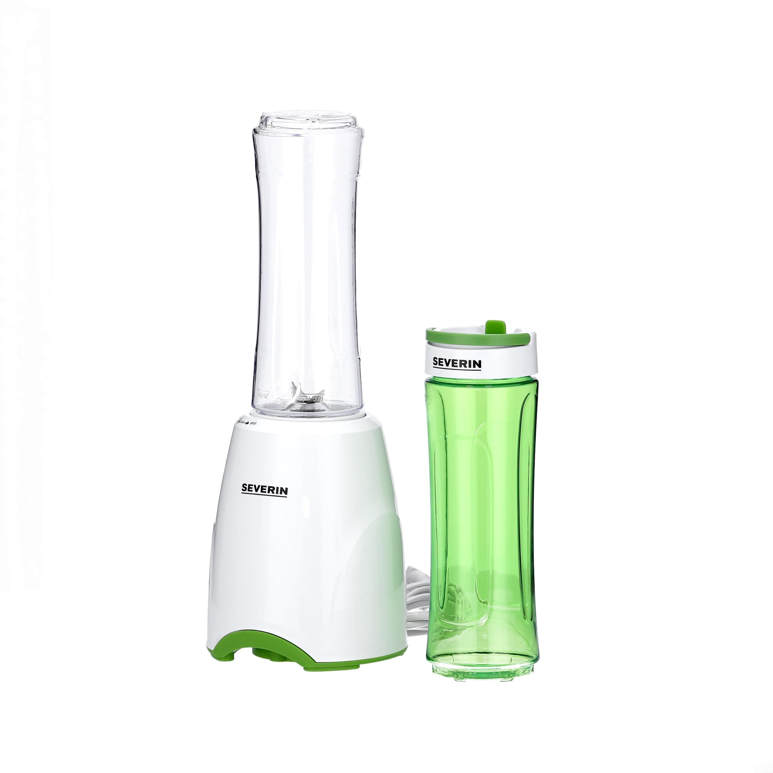 SEVERIN Standmixer SM 3735 Smoothie Mix & Go (300 Watt, 2 abnehmbare Trinkbeh&auml;lter 600 ml inkl. Deckel, 4-fl&uuml;geliges Edelstahlmesser, 1 Geschwindigkeitsstufe, bis 24.000 U/min., Pulsfunktion, Wei&szlig;/Gr&uuml;n) - Bild 1
