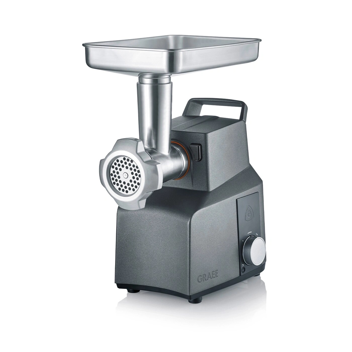 GRAEF FW706 Fleischwolf (Vollmetallgehäuse aus Aluminium, 800 Watt/2.000 Watt Blockierleistung, 1,5- / Min., Rückwärtslauf, Überlastungsschutz, Dreiteiliger Schneidvorsatz mit Vorschneider, Messer und Lochscheibe, inkl. Wurstfülltrichter, Kebbevorsat