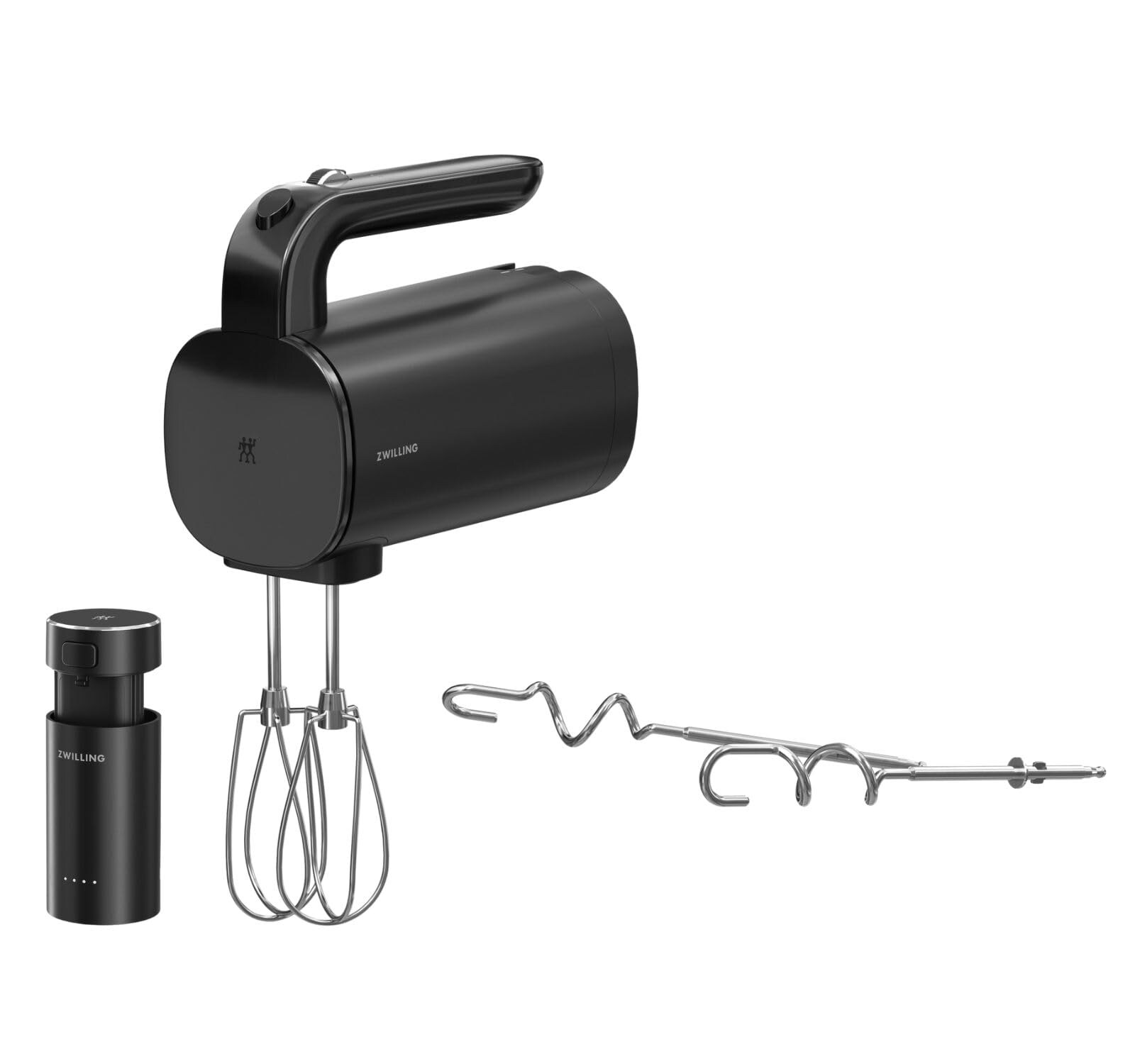 ZWILLING XTEND Handmixer-Set (120 Watt, kabellos, batteriebetrieben, 3 Geschwindigkeitsstufen, 2 Rührbesen, 2 Knethaken, Ladestation mit Powerbank-Funktion, 12V Lithium-Ionen-Akku, USB-Ladekabel, Schwarz)