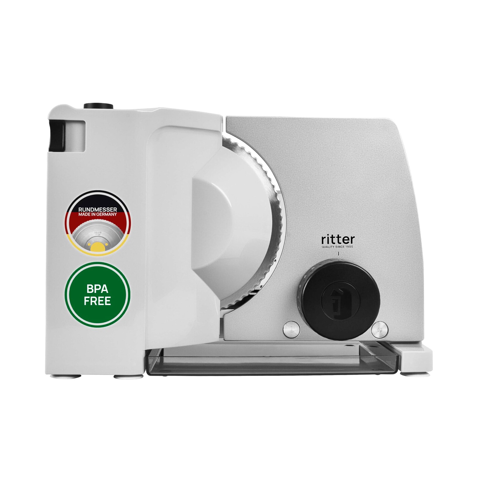 RITTER compact7 Allesschneider (65 Watt Ecomotor, Metallausführung, Wellenschliffmesser 17 cm Ø, Schnittstärkeeinstellung bis ca. 23 mm, Sicherheits-Moment- und Dauerschalter, abnehmbarer Schlitten, Schneidgut-Auffangschale und Kabeldepot, Silbermetallic)