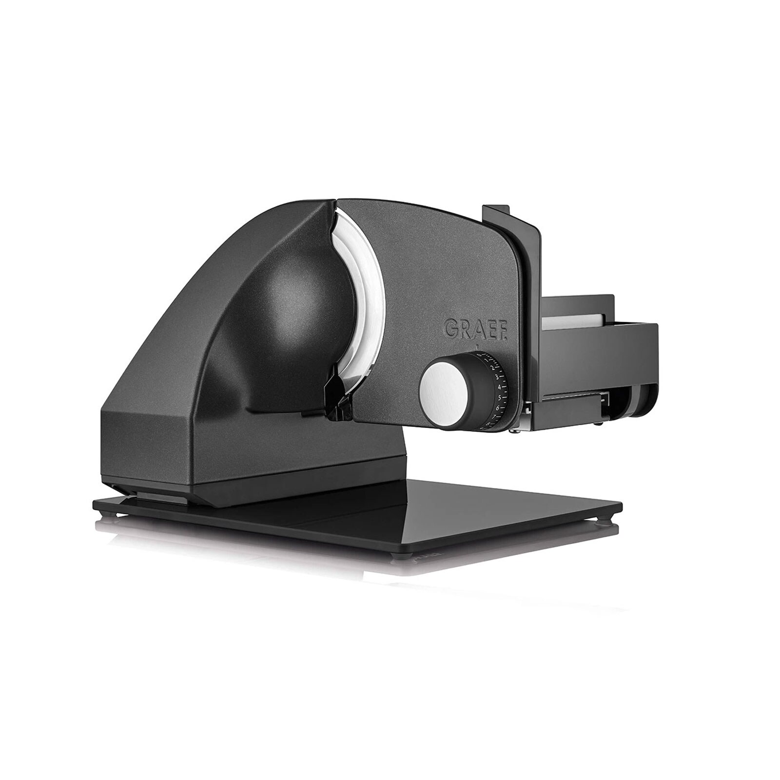 GRAEF Allesschneider Master M95 eisenglimmergrau (170 Watt Kondensatormotor, Metall, elektrisch, 30&deg; Kippfunktion, Moment- und Dauerschalter, Kindersicherung, Vollstahlmesser mit Hohlschliff &Oslash; 17 cm, inkl. Edelstahltablett, Messersch&auml;rfer, Messerabnahmevo - Bild 1