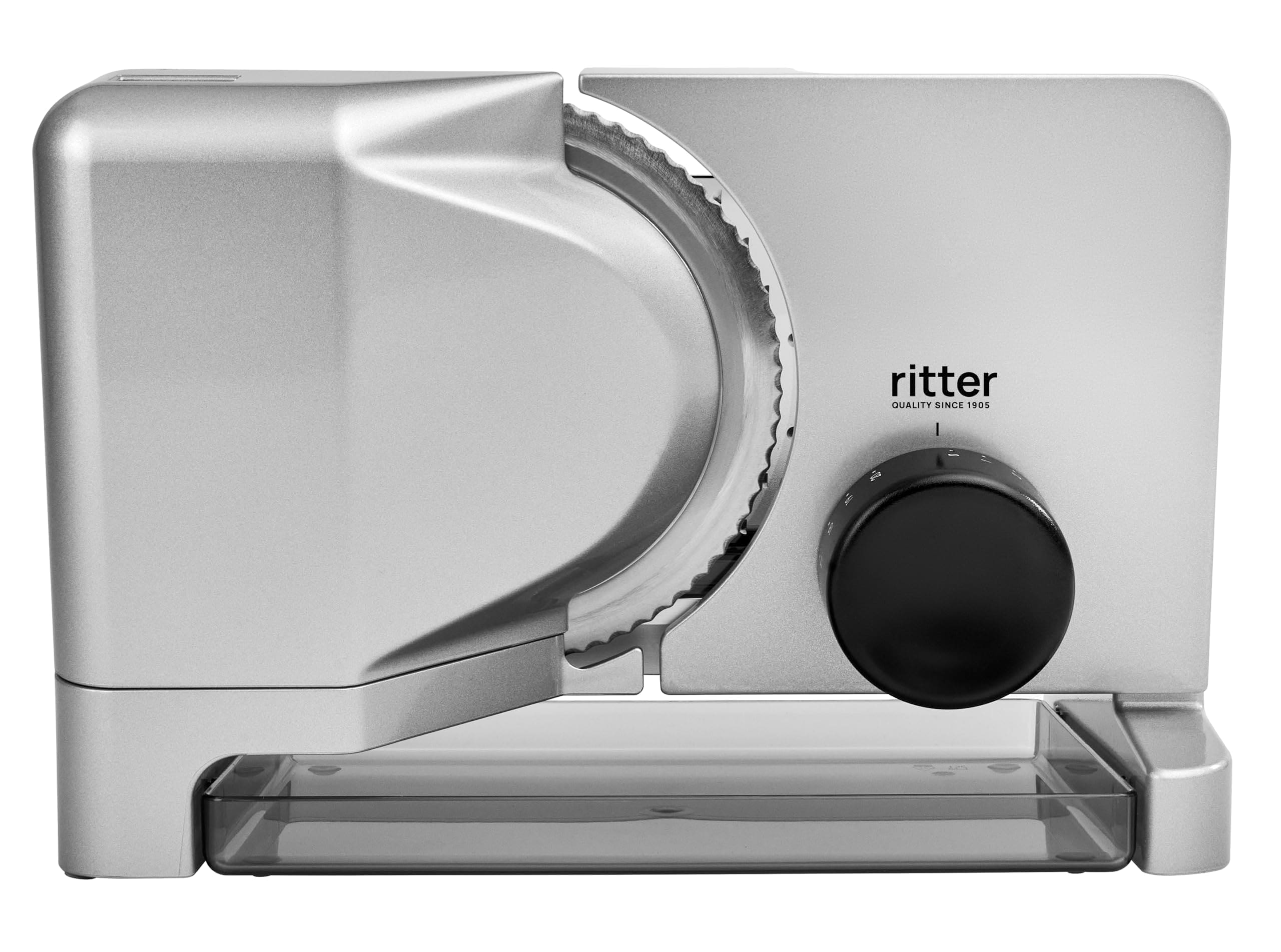 RITTER E 16 silber Allesschneider (65 Watt, Metallausf&uuml;hrung, schr&auml;g gestellt, Wellenschliffmesser, 17 cm &Oslash;, Schnittst&auml;rkeeinstellung bis ca. 20 mm, Sicherheits-Moment- und Dauerschalter, Made in Germany, Silbermetallic) - Bild 1