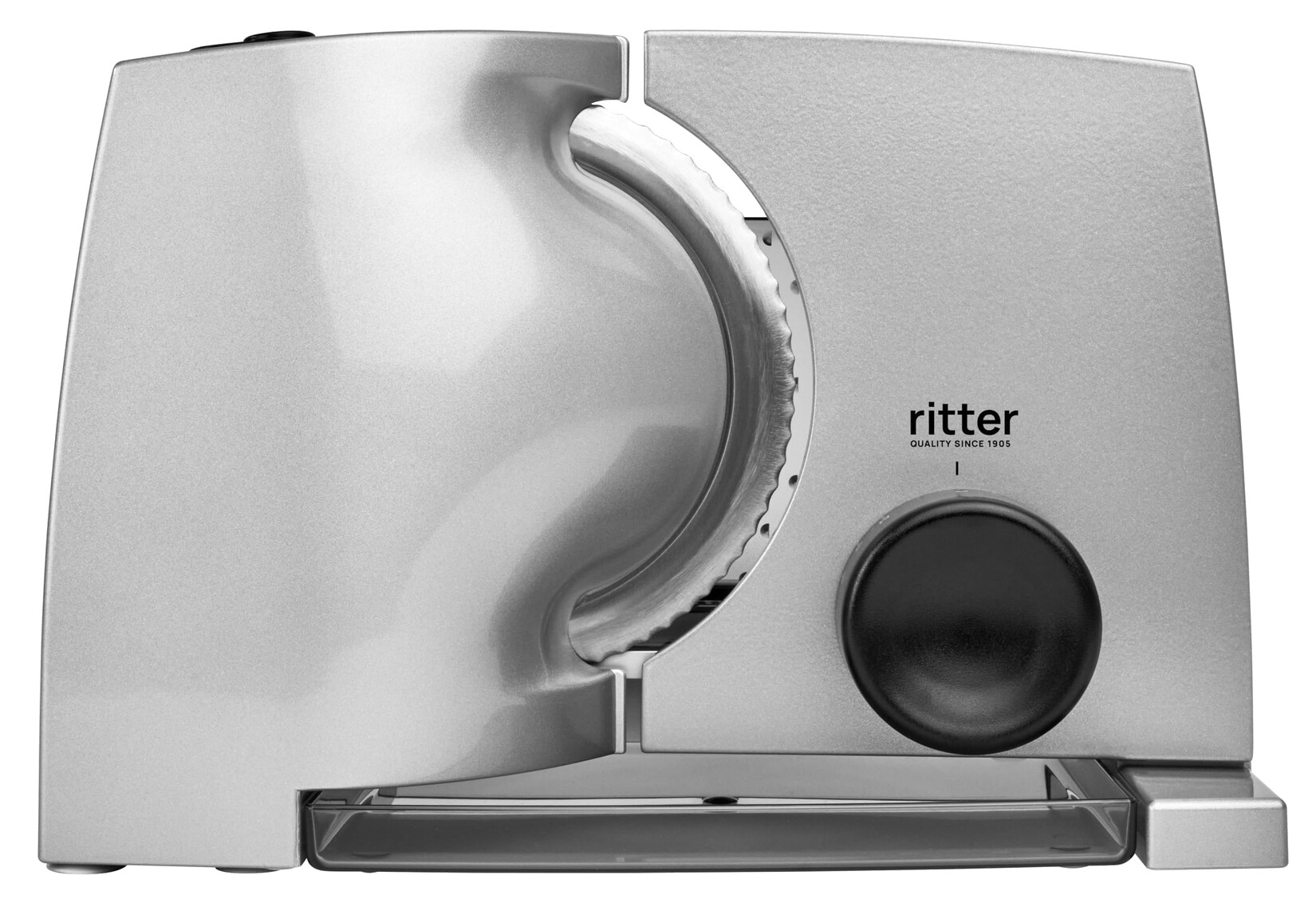 RITTER Allesschneider Compact 1 silber/schwarz (65 Watt, Metallausführung, Wellenschliffmesser 17 cm Ø, Schnittstärkeeinstellung bis ca. 20 mm, Sicherheits-, Moment- und Dauerschalter, Made in Germany, Silbermetallic)