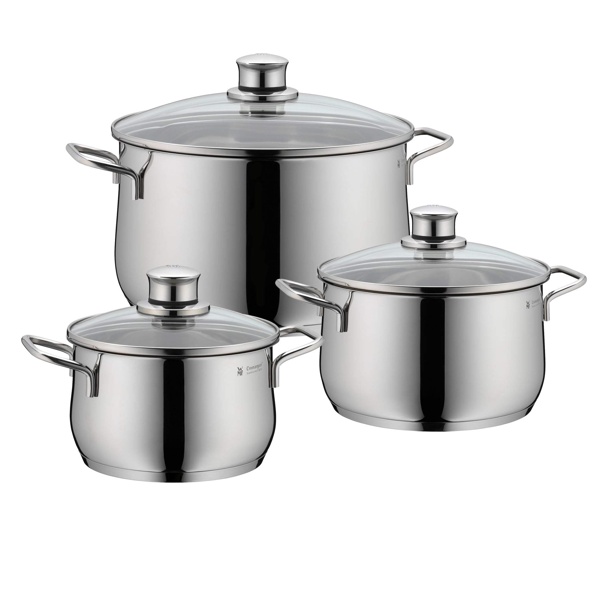 WMF Diadem Plus Topf-Set 3-tlg Kochgeschirrset (3x Fleischtopf mit Glasdeckel &Oslash; 16 cm (ca. 2l), 20 cm (ca. 3,7l), 24 cm (ca. 6,5l), breiter Sch&uuml;ttrand, rostfreier Edelstahl 18/10, hochwertige Glasdeckel, energiesparende TransTherm&reg;-Allherdb&ouml;den, geeignet f - Bild 1