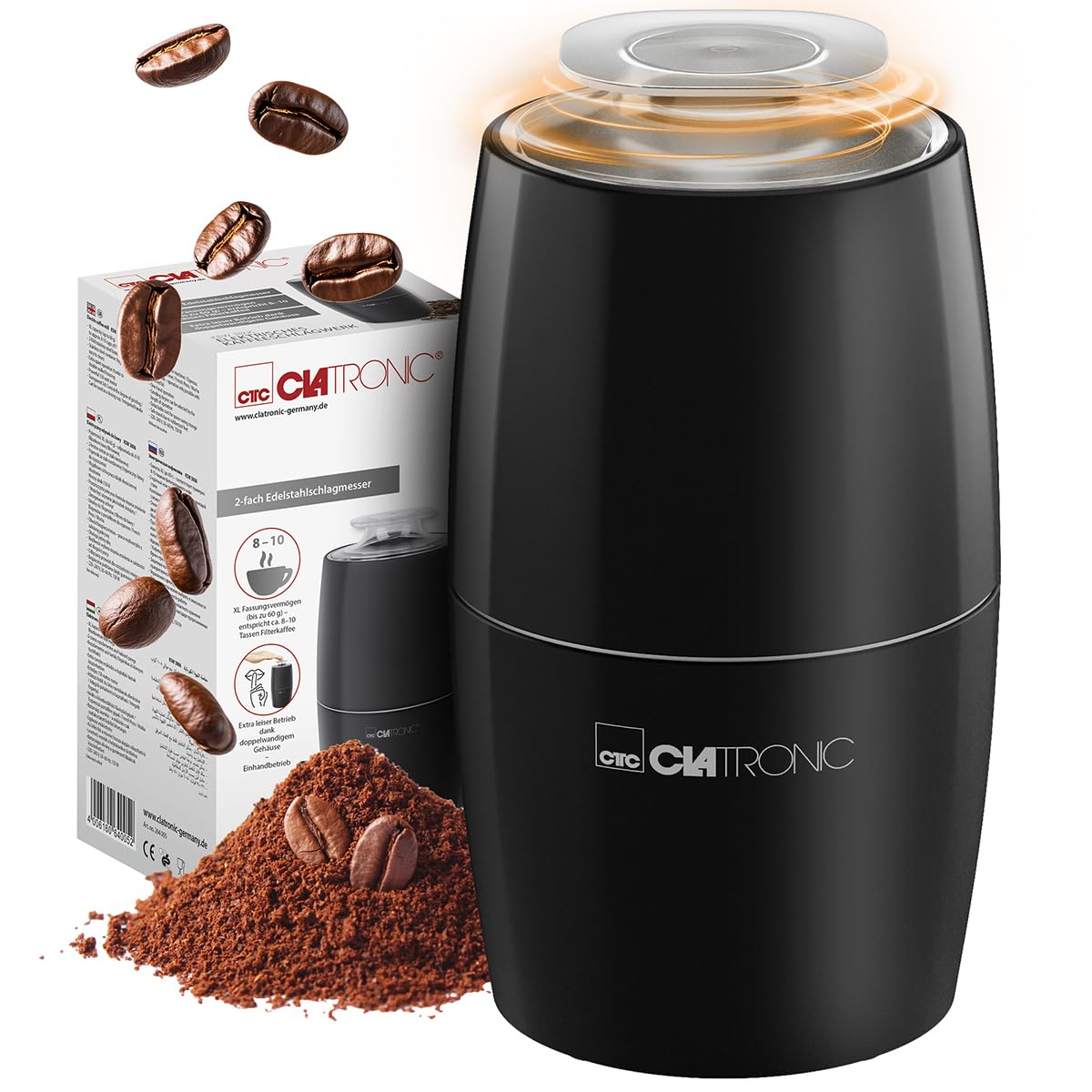 CLATRONIC KSW 3806 Schwarz Kaffeem&uuml;hle (150 Watt, XL Fassungsverm&ouml;gen (bis zu 60 g), 2-fach Edelstahlschlagmesser, Edelstahlbeh&auml;lter, extra leiser Betrieb, transparenter Deckel, Sicherheitsschaltung, Einhandbetrieb, Schwarz) - Bild 1