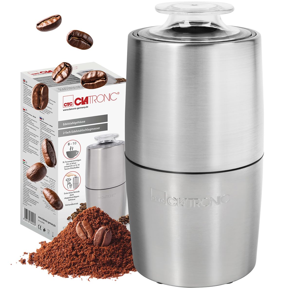 CLATRONIC KSW 3807 Edelstahl Kaffeem&uuml;hle (150 Watt, XL Fassungsverm&ouml;gen (bis zu 60 g), 2-fach Edelstahlschlagmesser, Edelstahlbeh&auml;lter, extra leiser Betrieb, transparenter Deckel, Sicherheitsschaltung, Einhandbetrieb, Edelstahl) - Bild 1