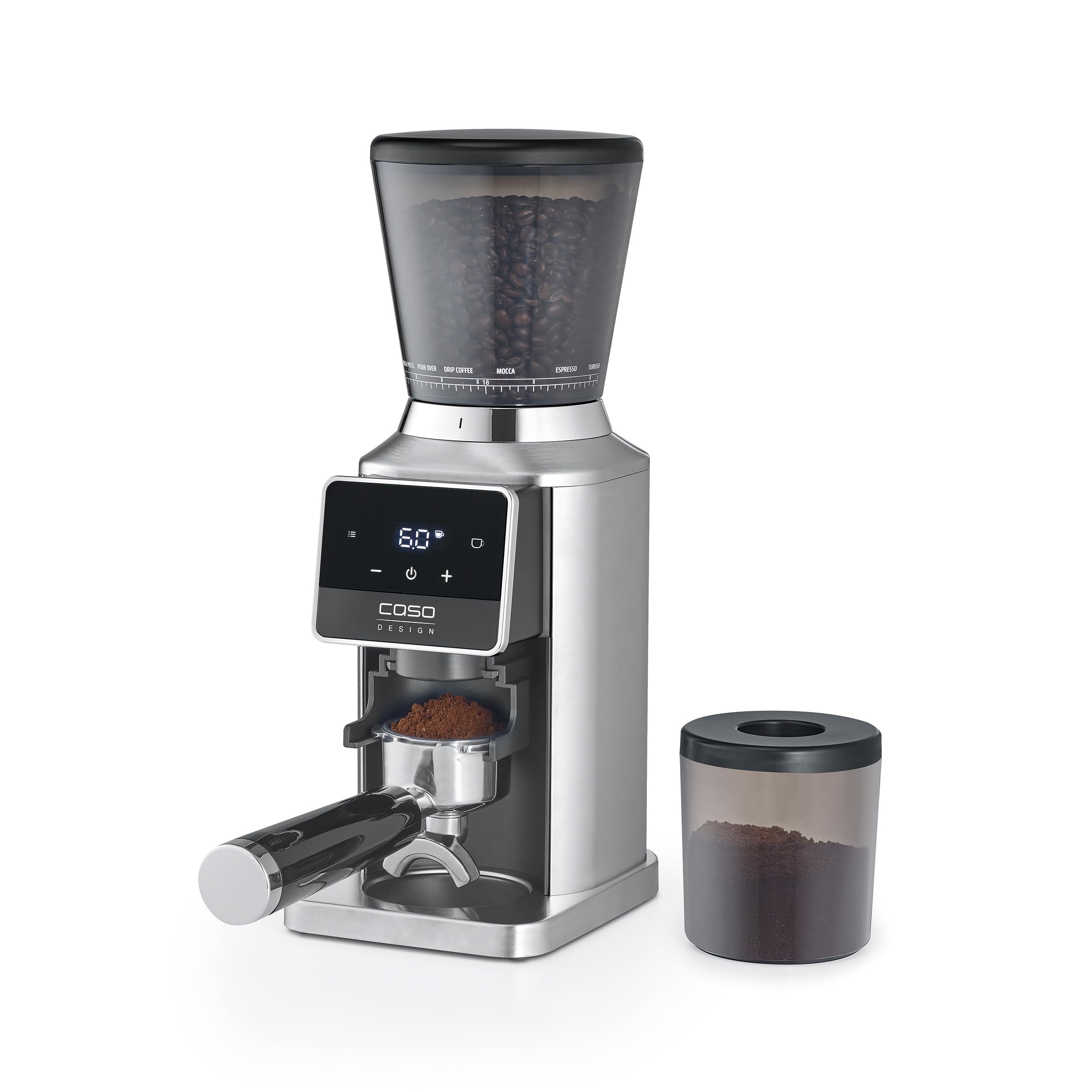 Caso BaristaChef Inox Pro 1837 Kaffeem&uuml;hle (180 Watt, Touch-Display, Edelstahlgeh&auml;use und ?Anti-Fingerprint?-Oberfl&auml;che, Zero Retention Technologie, Edelstahl-Kegelmahlwerk, 34 Mahlgradstufen, Memory-Funktion, Bohnenbeh&auml;lter 320 g, Auffangbeh&auml;lter f&uuml;r 130 - Bild 1