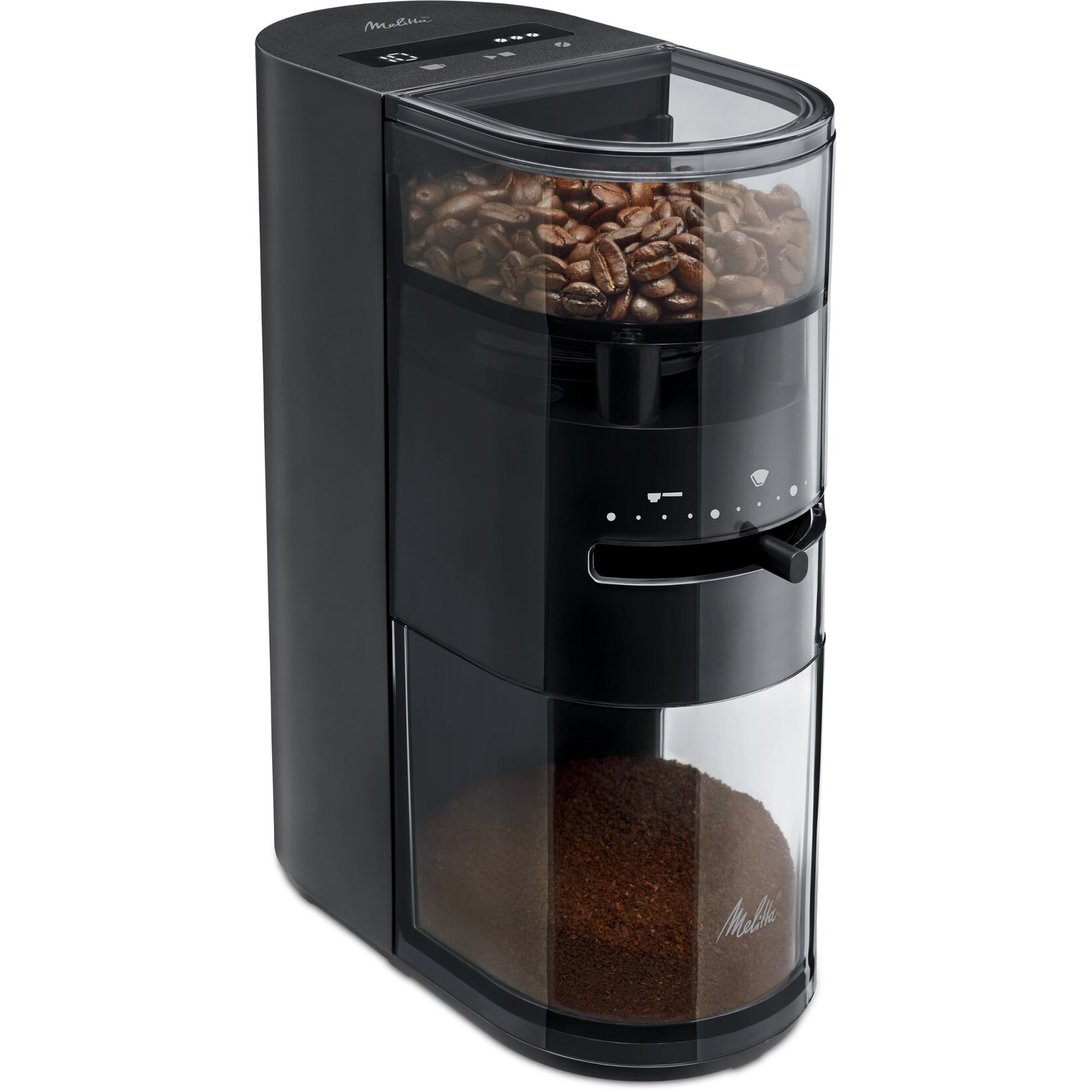 MELITTA Linea® 1032-01 Schwarz Kaffeemühle (160 Watt, Kegelmahlwerk aus Edelstahl, 13 Mahlgradeinstellungen, Touch-Bedienung und LCD-Display, Ionisator-Technologie,  Fassungsvermögen (Bohnenbehälter), Reinigungspinsel, Gummifüße und Sicherheitsverrieg