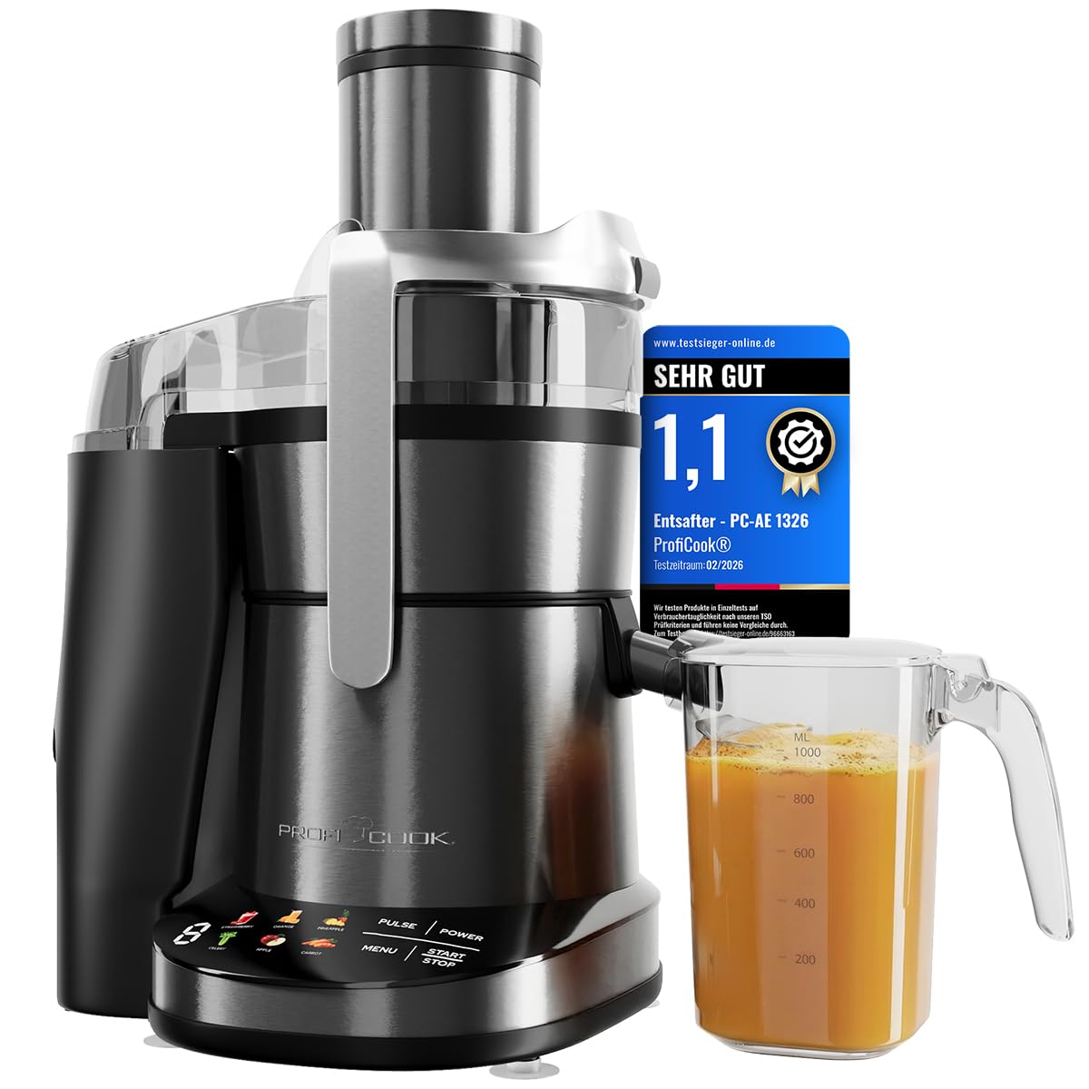 PROFICOOK PC-AE 1326 dark inox Entsafter (Edelstahl-Einf&uuml;llschacht 8,5 cm, Saftbeh&auml;lter ca. 1 Liter, Tresterbeh&auml;lter ca. 2 Liter, extra feines Mikrosieb aus Edelstahl, Multicolor-Grafikdisplay mit Sensor Touch-Bedienung, 1000 Watt, Dark Inox) - Bild 1