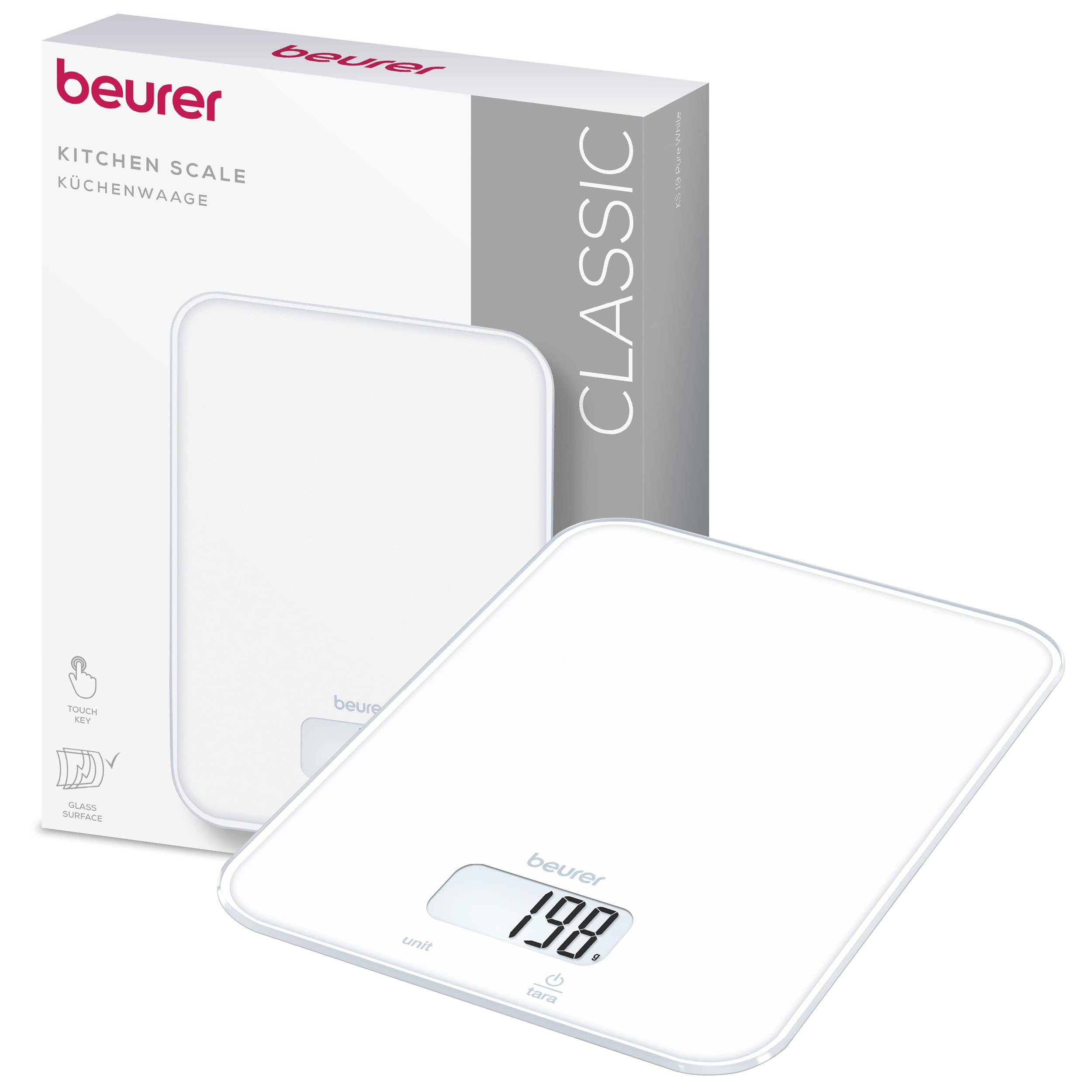 BEURER KS 19 Pure White K&uuml;chenwaage (Stylische Glasoberfl&auml;che, Belastbarkeit max. 5 kg, Einteilung 1 g, gut lesbare LCD-Anzeige, Tara-Zuwiegefunktion, Sensortastenbedienung, Batterie 1 x CR 2032 enthalten) - Bild 1