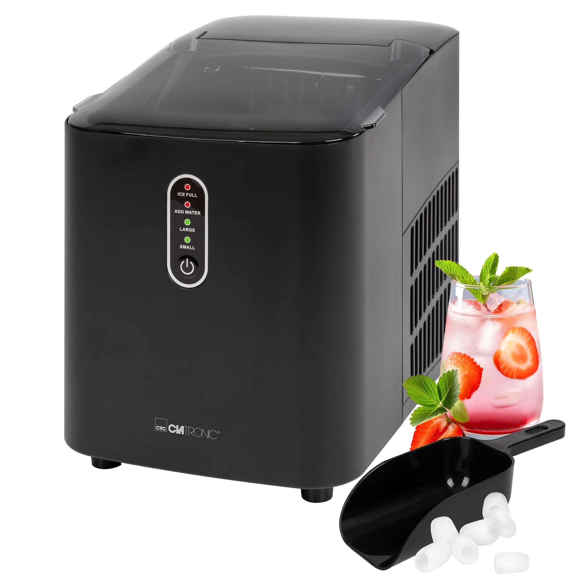 CLATRONIC EWB 3798 Eisw&uuml;rfelbereiter (Integrierter Wassertank 1,1 Liter, ca. 8-10 kg Eisw&uuml;rfel in 24 Std., 2 Eisw&uuml;rfelgr&ouml;&szlig;en, LED-Anzeige, ECO Save-Energiesparmodus, Reinigungsprogramm, elektronische Steuerung mit 4 Kontrollleuchten, inkl. Eisschaufel, 120 - Bild 1