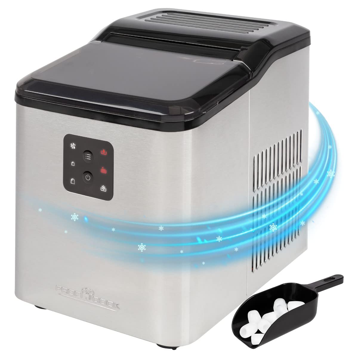 PROFICOOK Eisw&uuml;rfelbereiter PC-EWB 1253 Edelstahl/schwarz (8-10 kg Eisw&uuml;rfel in 24 Std., 1,5 Liter Wassertank, LED-Anzeige, 2 Eisw&uuml;rfelgr&ouml;&szlig;en, ECO Save-Energiesparmodus, Reinigungsprogramm, inkl. Eisschaufel, Edelstahl/Schwarz) - Bild 1