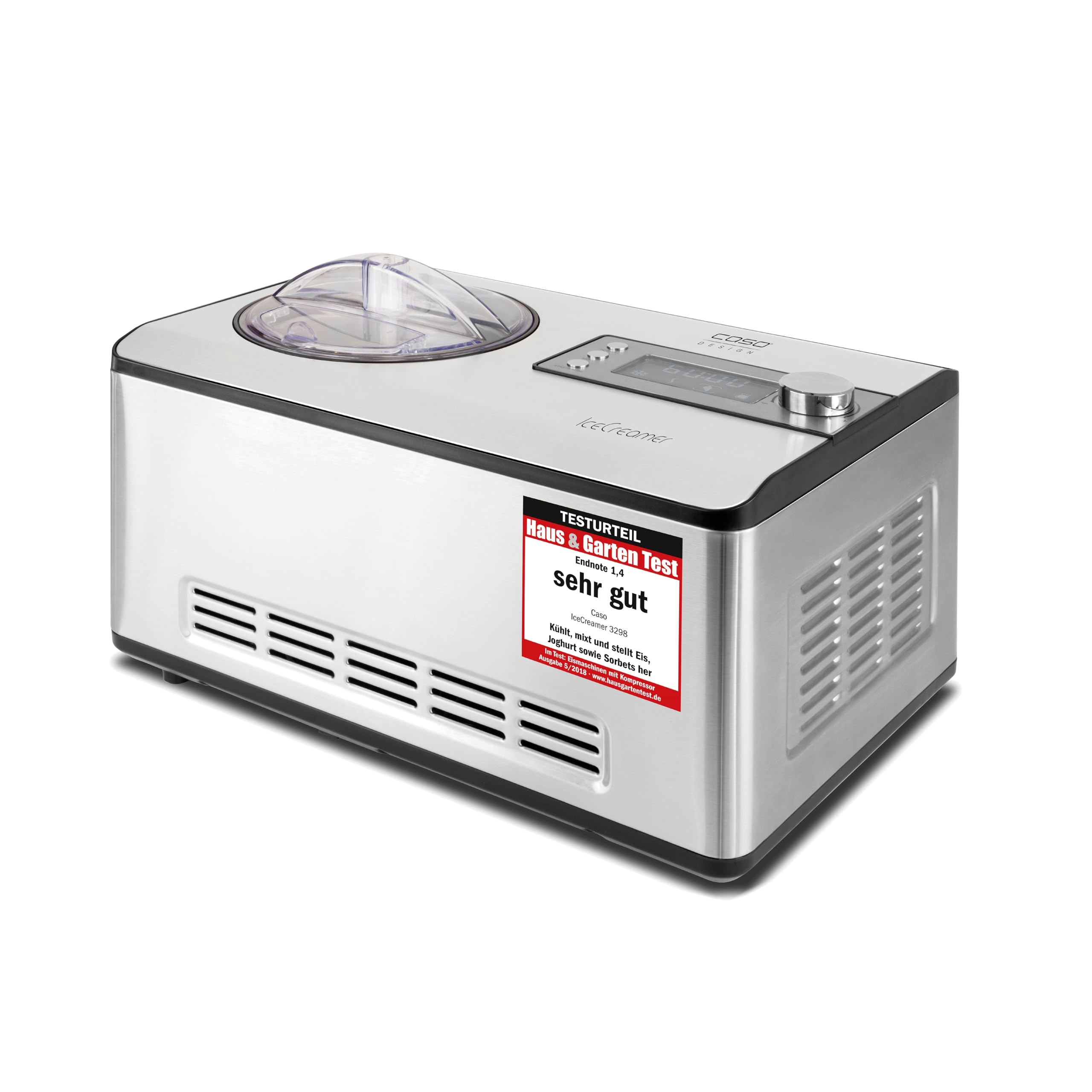 Caso IceCreamer 3298  Eismaschine (2-in-1 Eismaschine und Joghurtbereiter, bis zu 2 Liter Eiscreme oder Joghurt, 4 Programme, Kompressor-Technik 180 Watt K&uuml;hlleistung, entnehmbarer Speiseeisbeh&auml;lter, Edelstahl-Geh&auml;use, Nachf&uuml;llklappe praktische Nachk&uuml;hlfun - Bild 1
